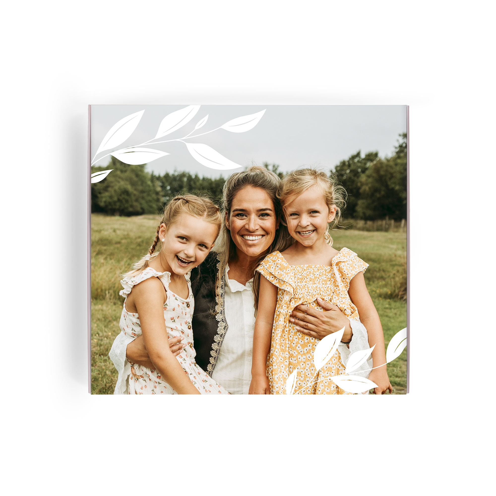 Personalised Milka gift box printed with a family photo and white leaf design