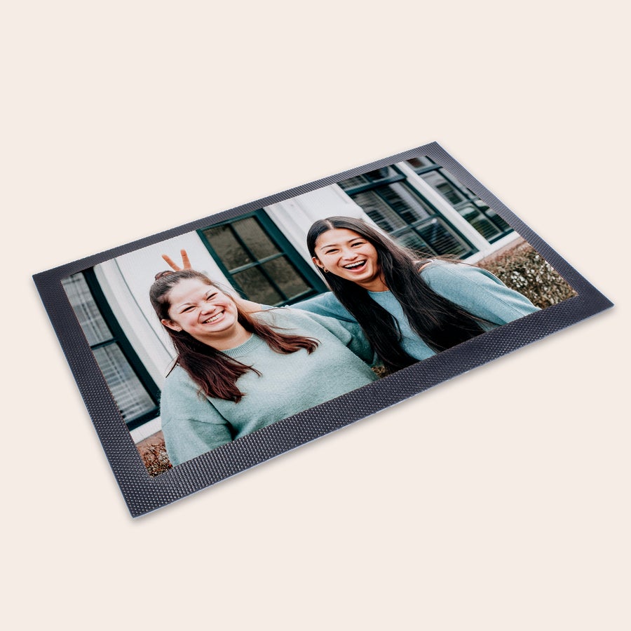 Personalised bar mat Anti-slip rubber bar mat printed with a personalized photo of two smiling women, a unique anti-slip rubber bar mat gift