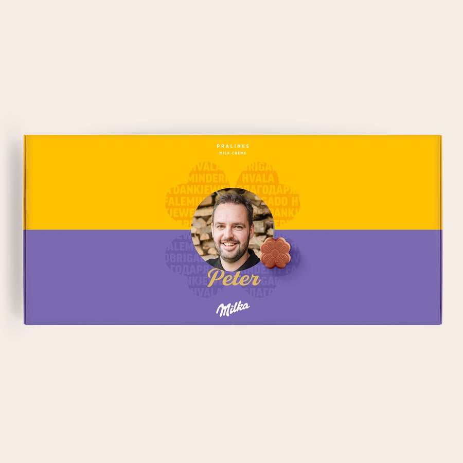 Pralinés de Milka Obrigado Caixa de presente Milka personalizada impressa com a foto de Peter e seu nome, uma forma deliciosa de dizer obrigado.