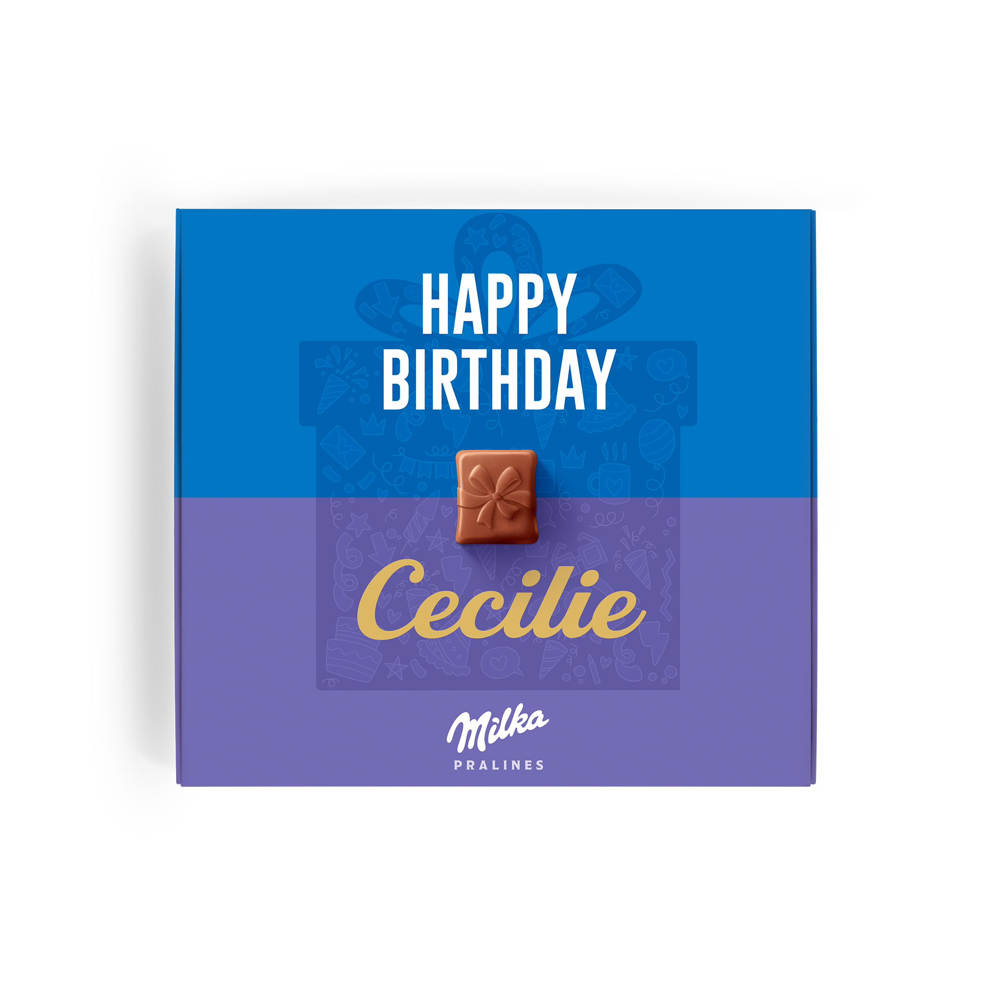 Ønsk tillykke med en personlig Milka chokolade gaveæske printet med navnet "Cecilie" og teksten "Happy Birthday"