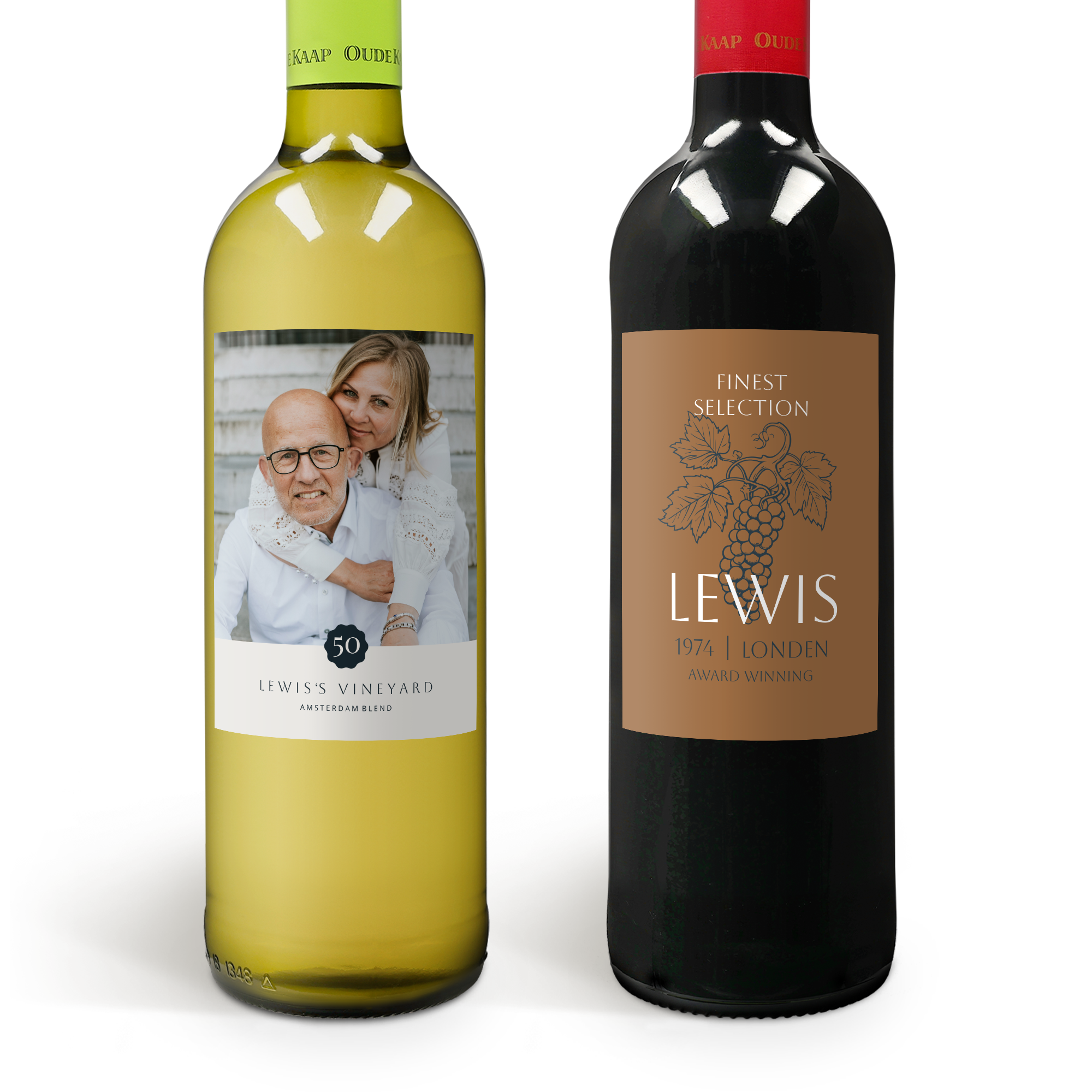 Two bottles of Oude Kaap wine, one white with a personalized photo label and one red with a custom text label.