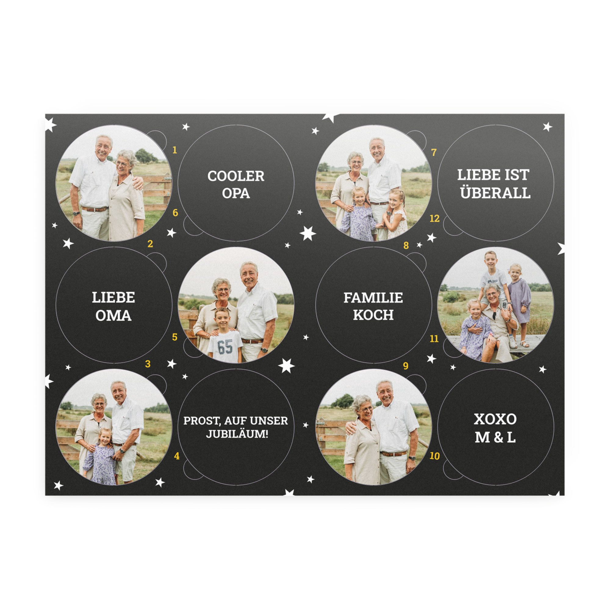 Personalisiertes Überraschungs-Bier-Geschenkset – 12 Flaschen mit individuellen Fotos und Texten wie "LIEBE OMA" und "FAMILIE KOCH".