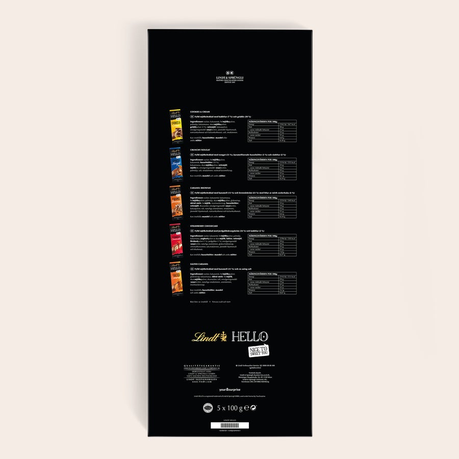XL Lindt Hello Chokladkaka XL Lindt Hello chokladpresent med personaliserat tryck, med en blandning av smaker som cookies & cream och salty caramel.