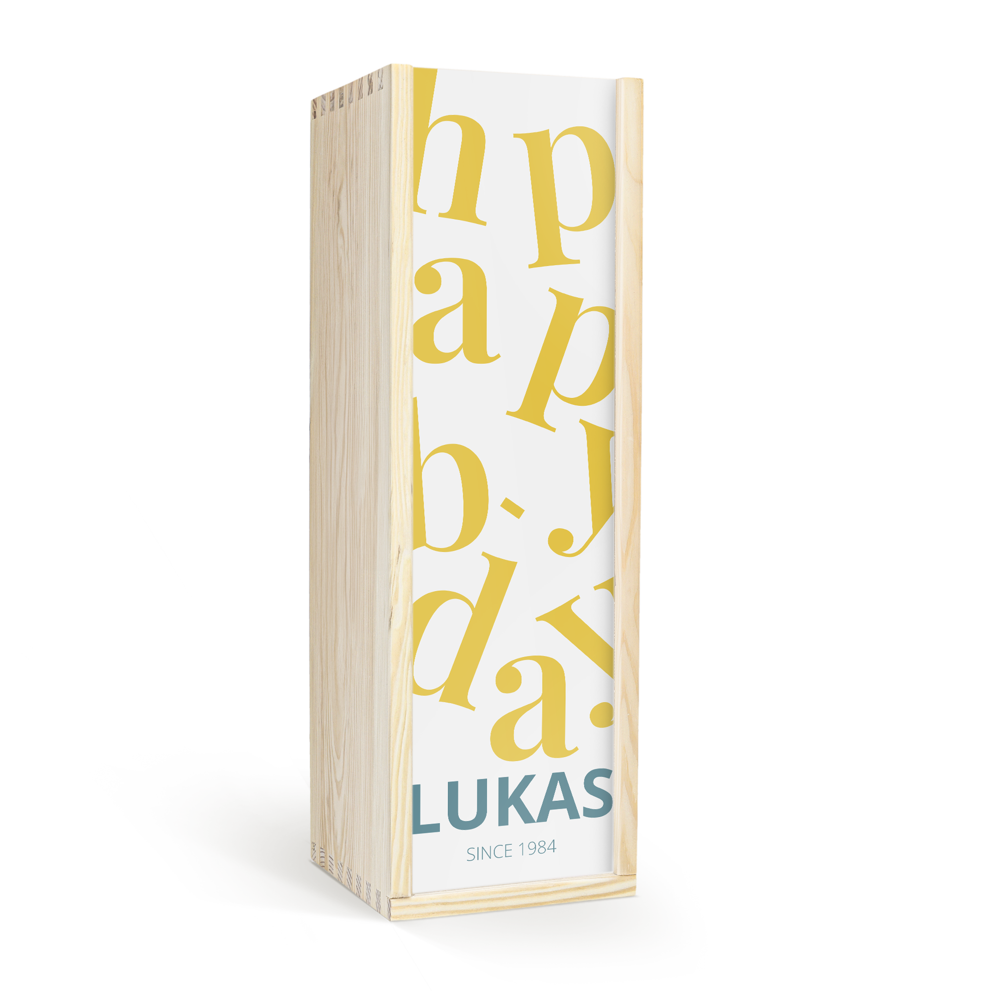 Personlig presentväska i trä för Grahams 20 år portvin, fullfärgstryckt med texten "LUKAS SINCE 1984" på framsidan.