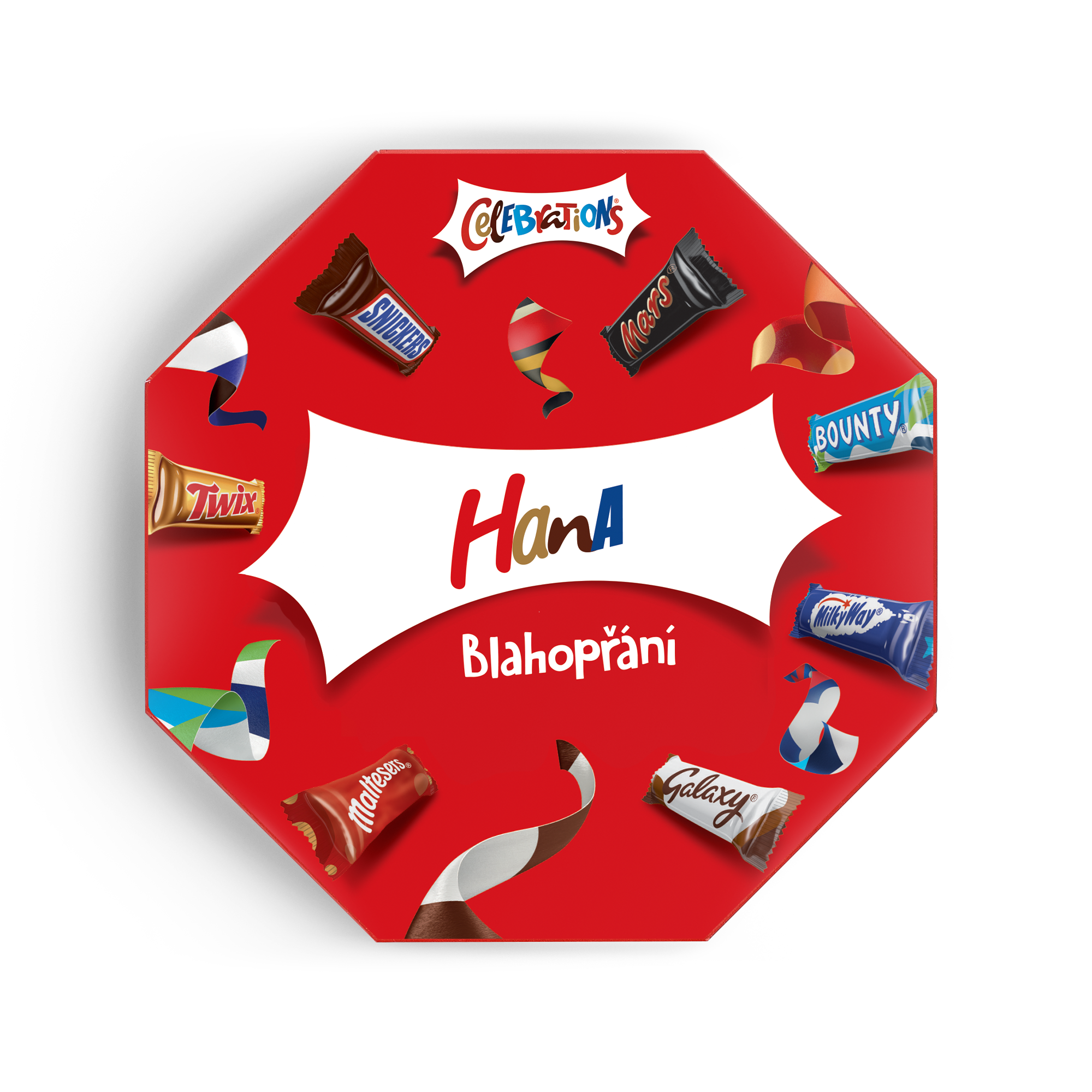 Krabička Celebrations se jménem