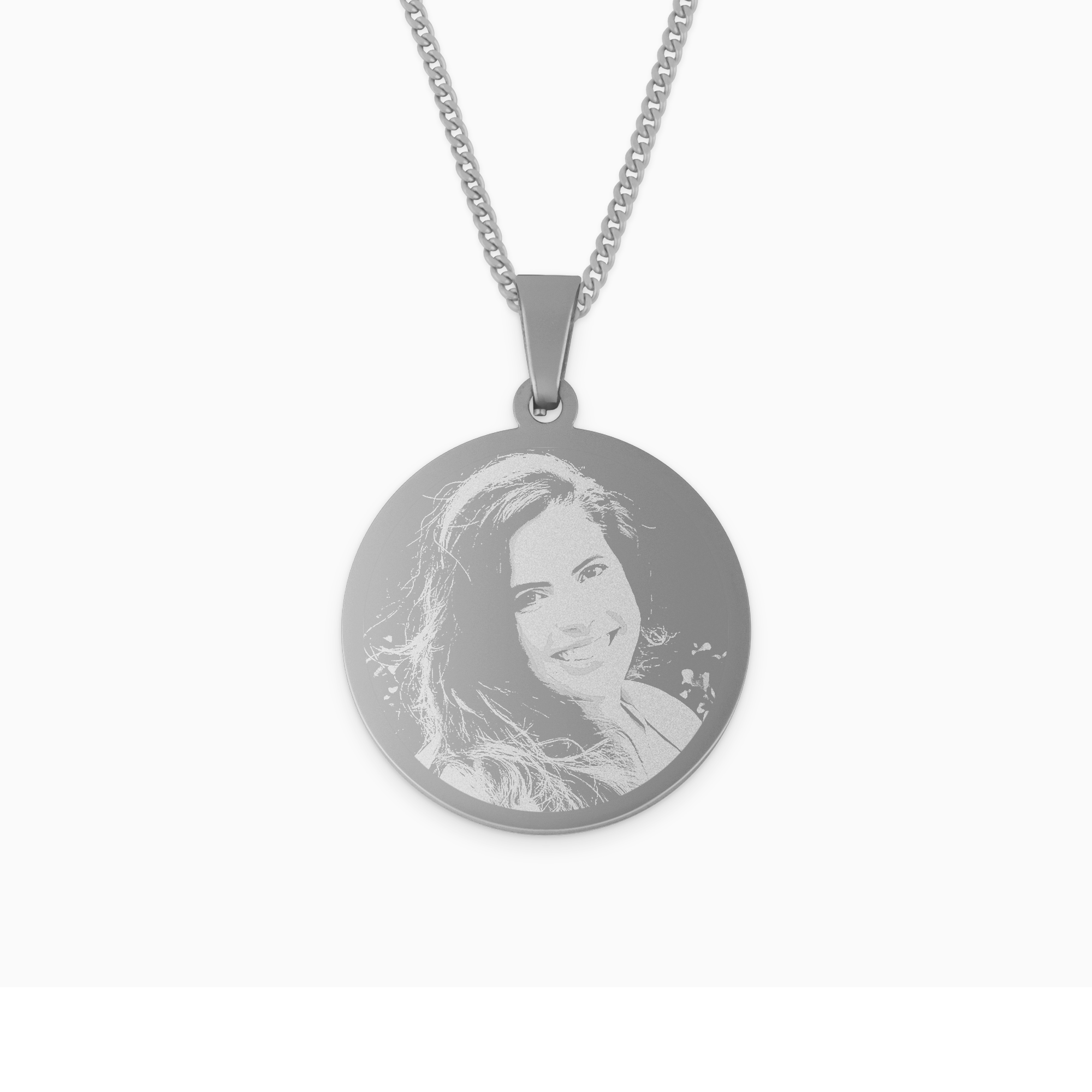 Rhodium Anhänger rund mit Fotogravur eines lächelnden Gesichts, als persönliches Geschenk designed