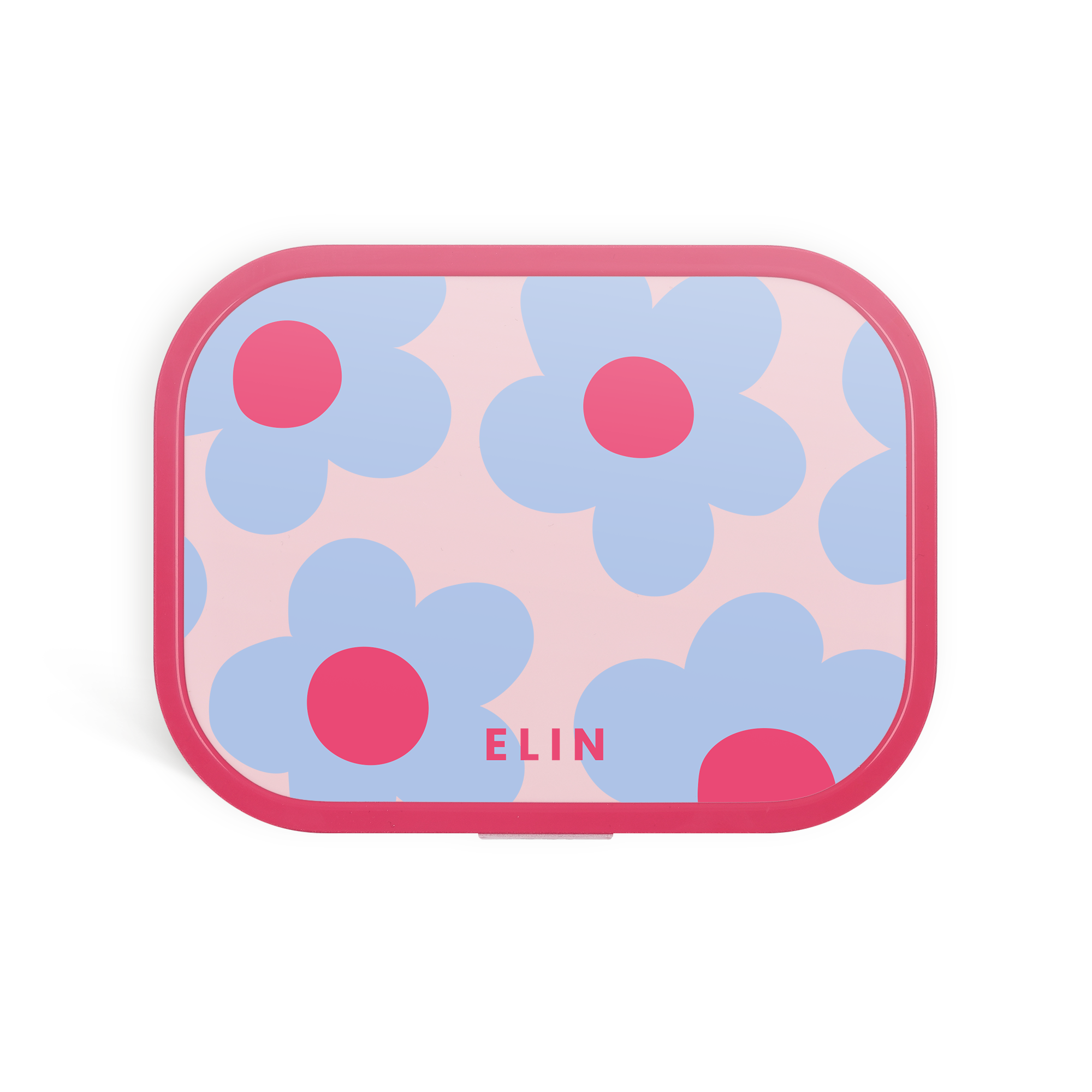 Lonchera rosa Mepal con diseño de flores azules y el nombre ELIN impreso en la tapa, personalizable.