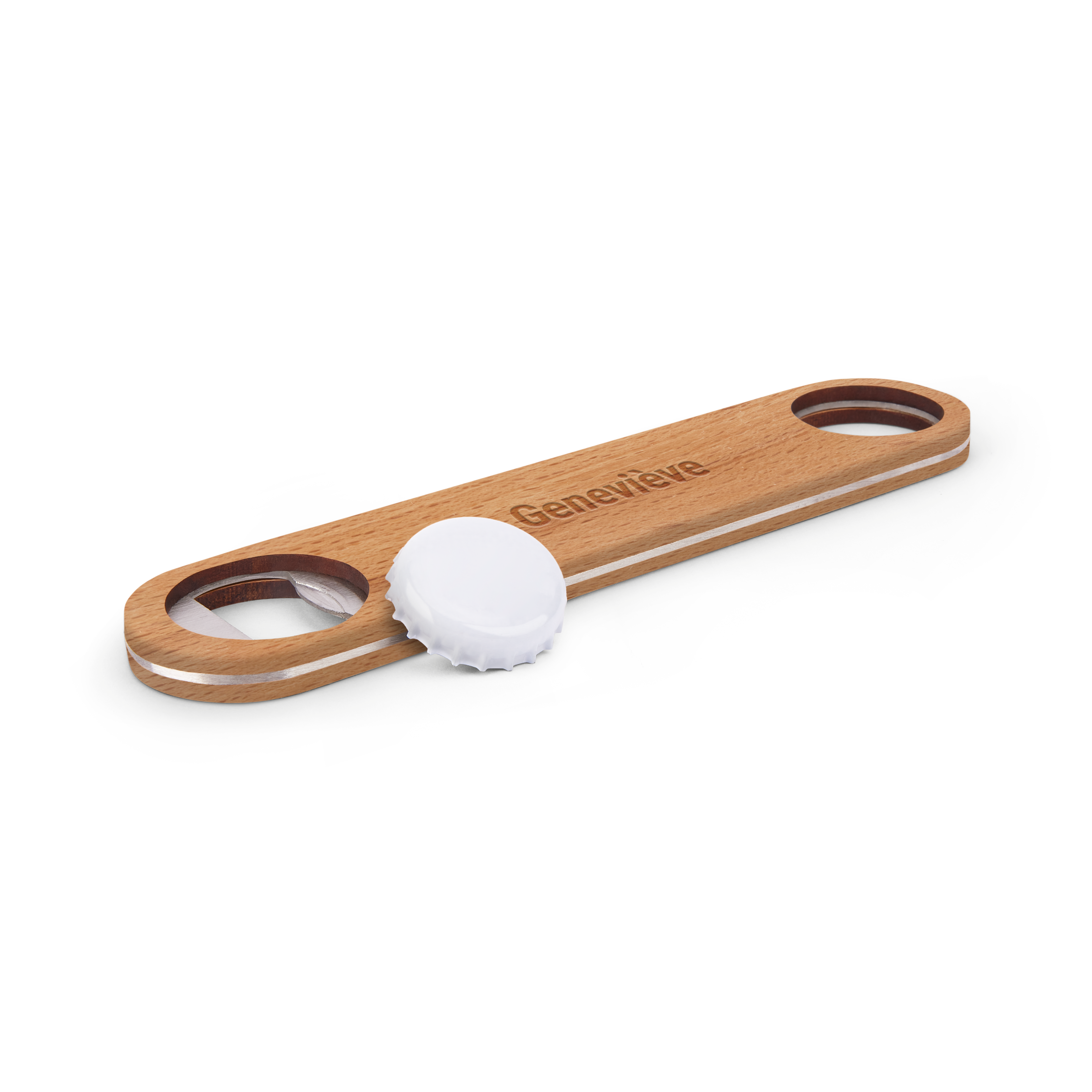 Ouvre-bouteille en bois clair gravé du prénom Geneviève avec une capsule blanche.