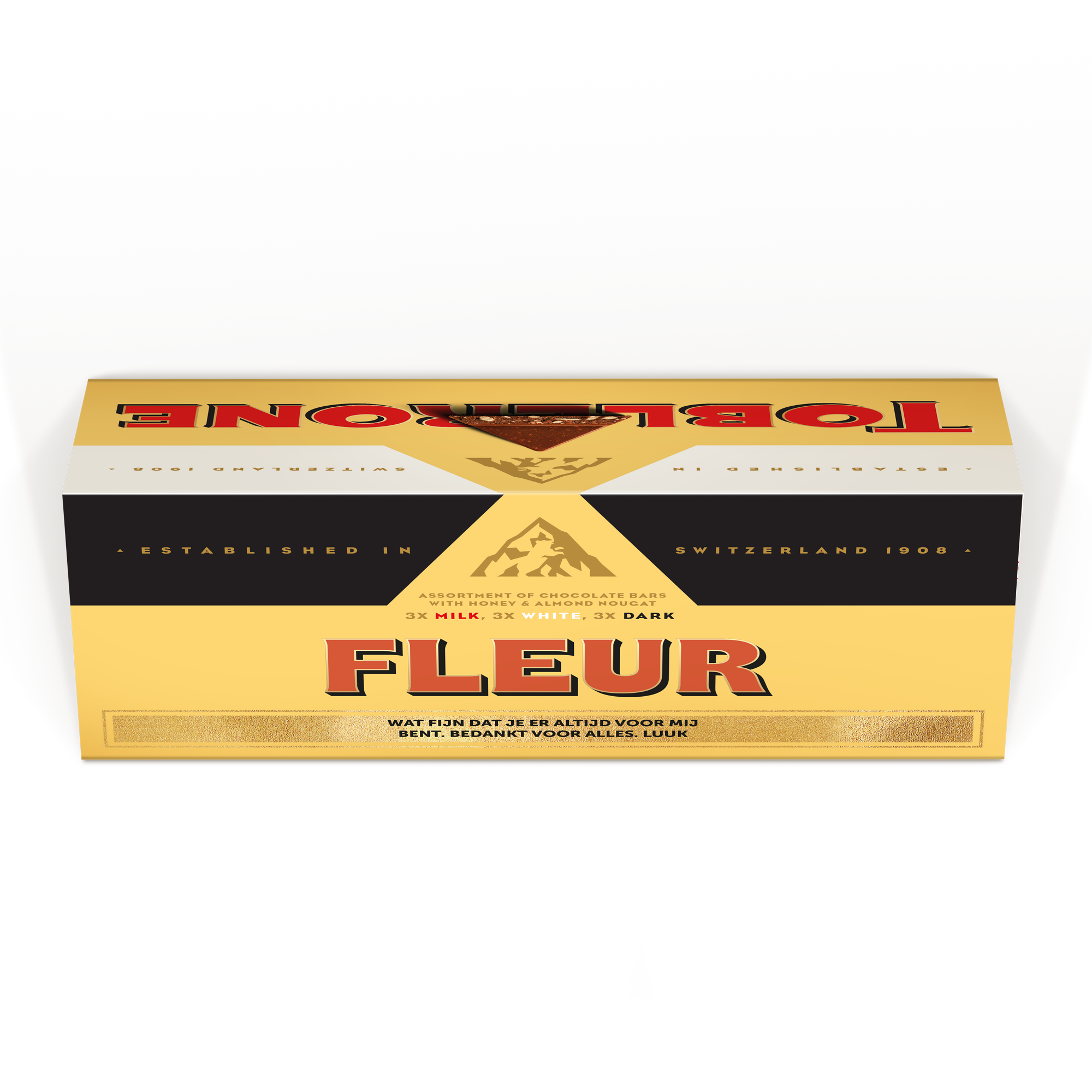 Gepersonaliseerde Toblerone XL reep met naam "Fleur" en tekst "Wat fijn dat je er altijd voor mij bent. Bedankt voor alles. Luuk" bedrukt op de wikkel.
