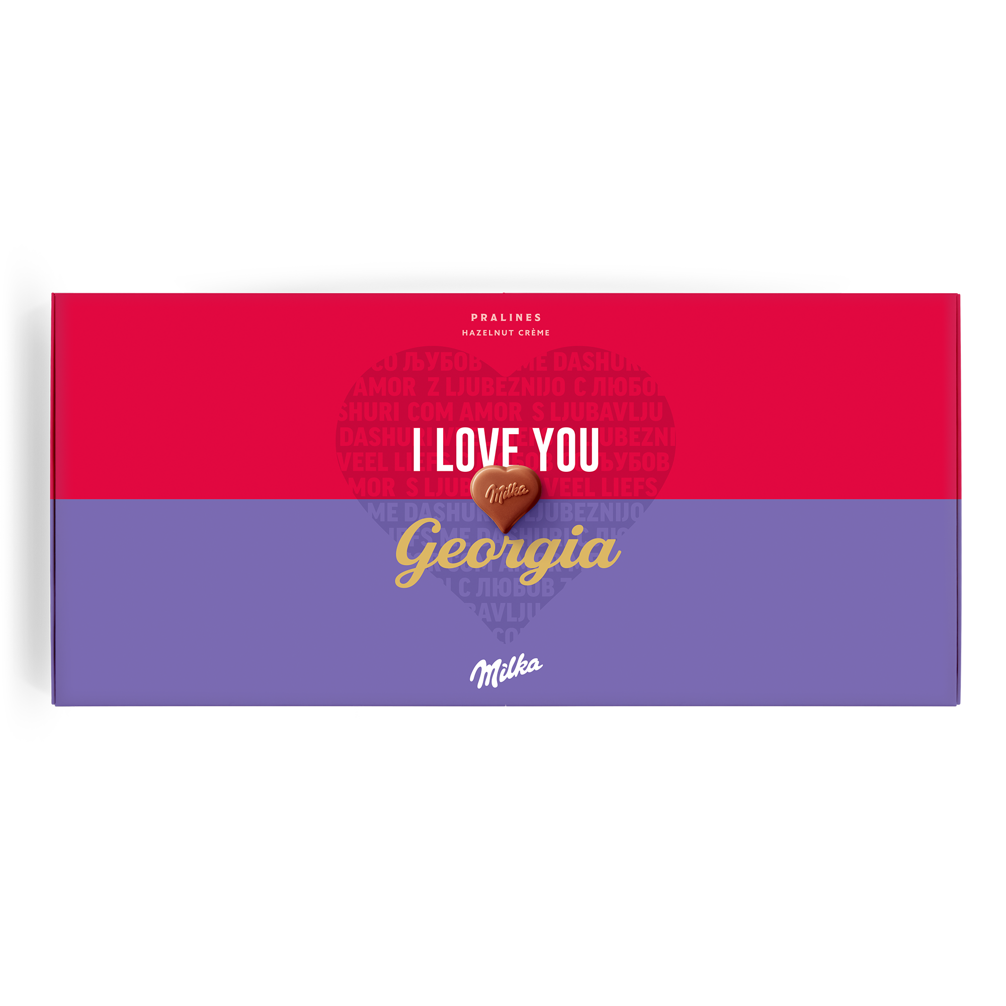 Personalised Say it with Milka chocolate gift box printed with "I Love You" and the name "Georgia"