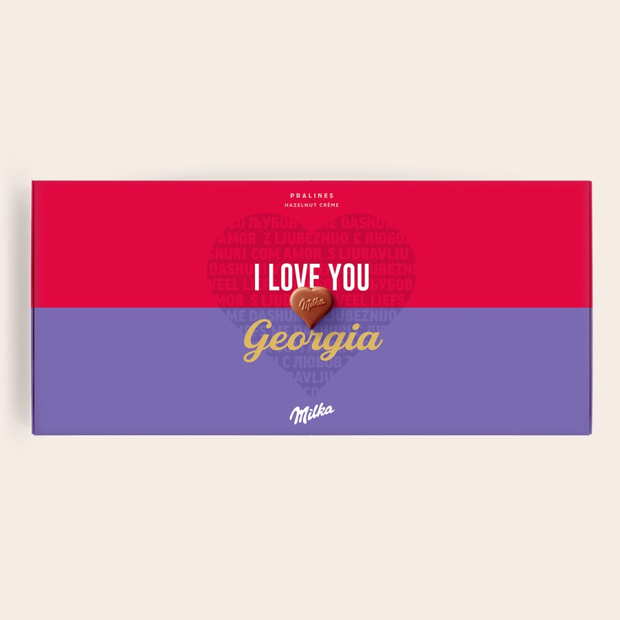 Pralinés de Milka Amor Caja personalizada de chocolates Milka con frase 'I love you' y el nombre Georgia impreso. Ideal para decir te quiero.