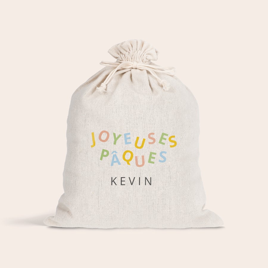 Sac cadeau à cordon - Pâques Sac à cordon personnalisé pour Pâques, imprimé avec Joyeuses Pâques en couleurs et le nom Kevin