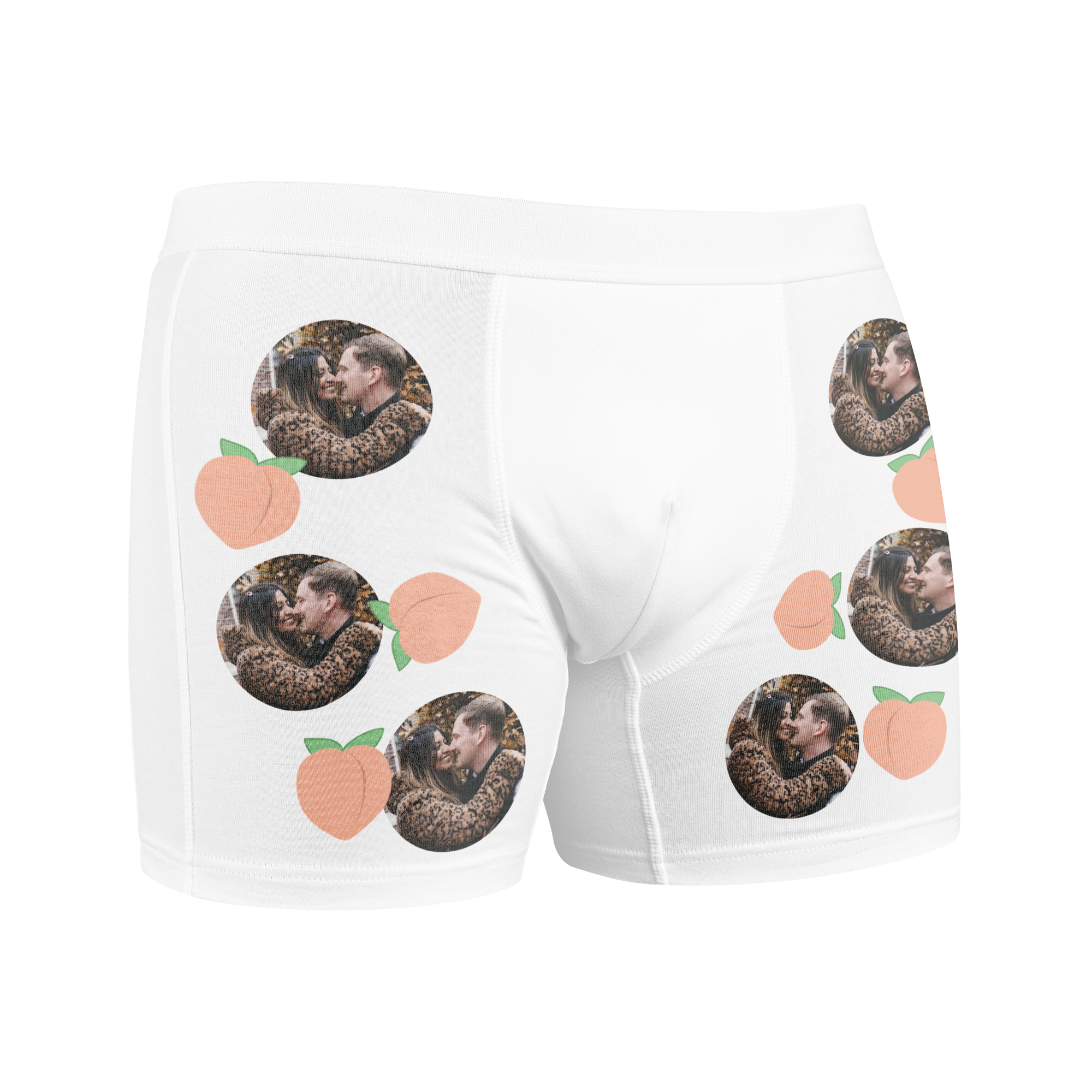 Weiße personalisierte Boxershorts mit Fotos von einem Pärchen und Pfirsich-Motiven bedruckt