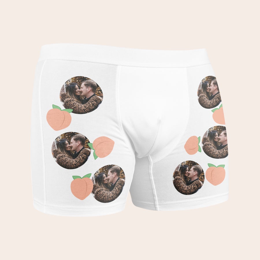Boxershorts mit Foto Weiße personalisierte Boxershorts mit Fotos von einem Pärchen und Pfirsich-Motiven bedruckt