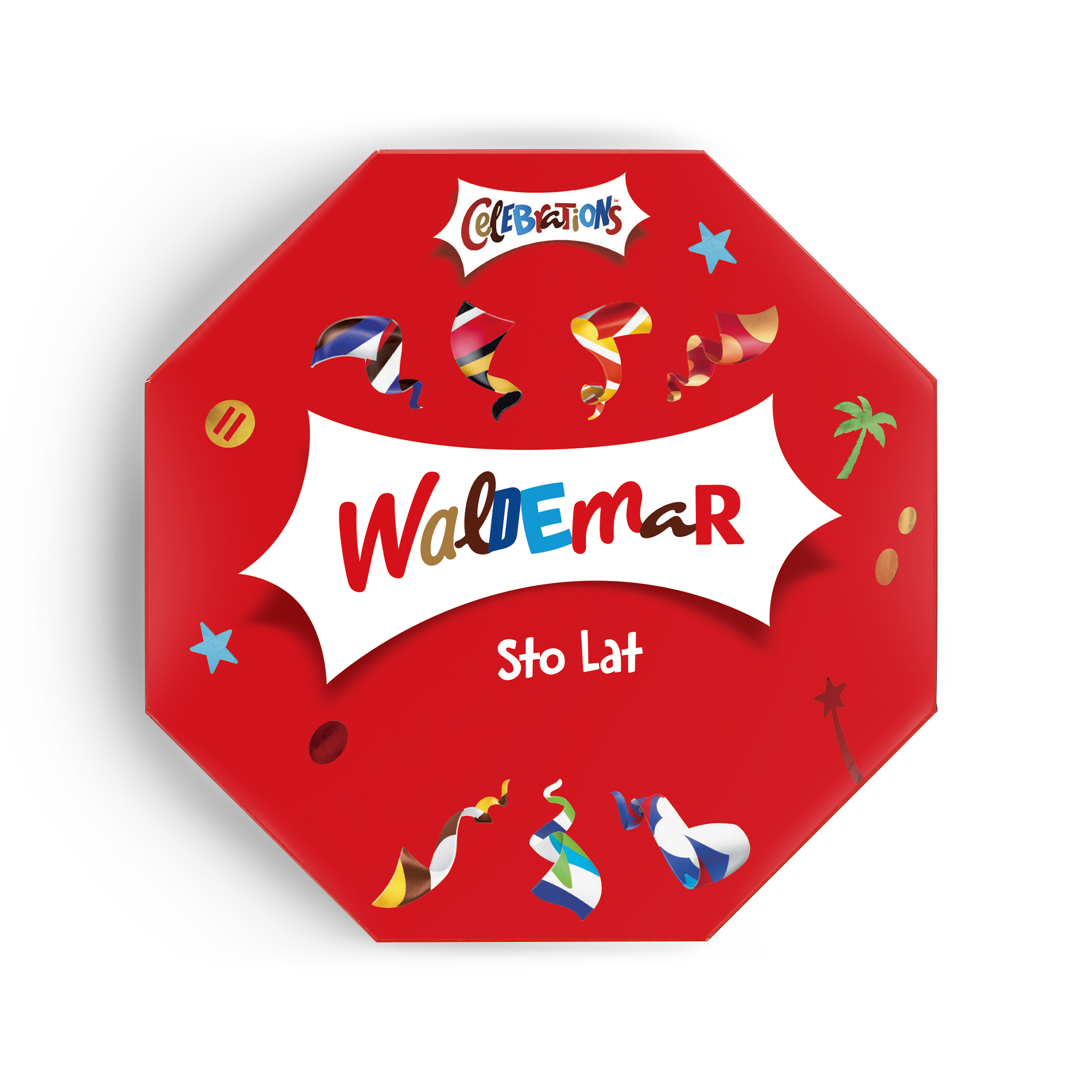 Czerwone pudełko upominkowe ze słodyczami Celebrations z personalizowaną etykietą wydrukowaną imieniem Waldemar i napisem Sto Lat