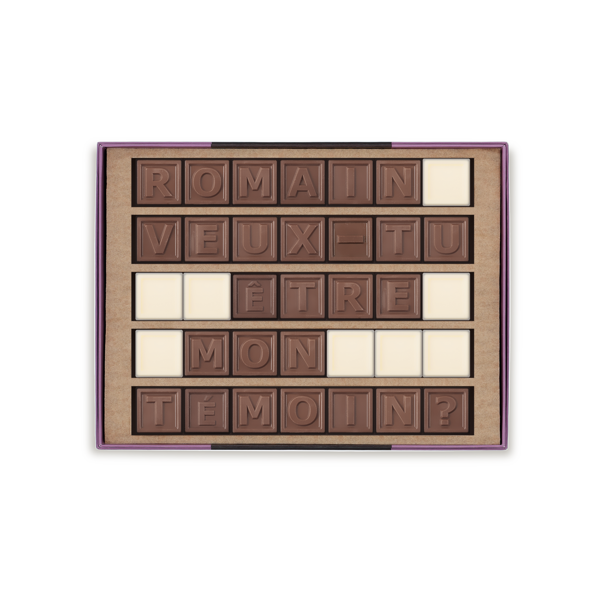 Télégramme chocolaté personnalisé ROMAIN VEUX-TU ÊTRE MON TÉMOIN miam