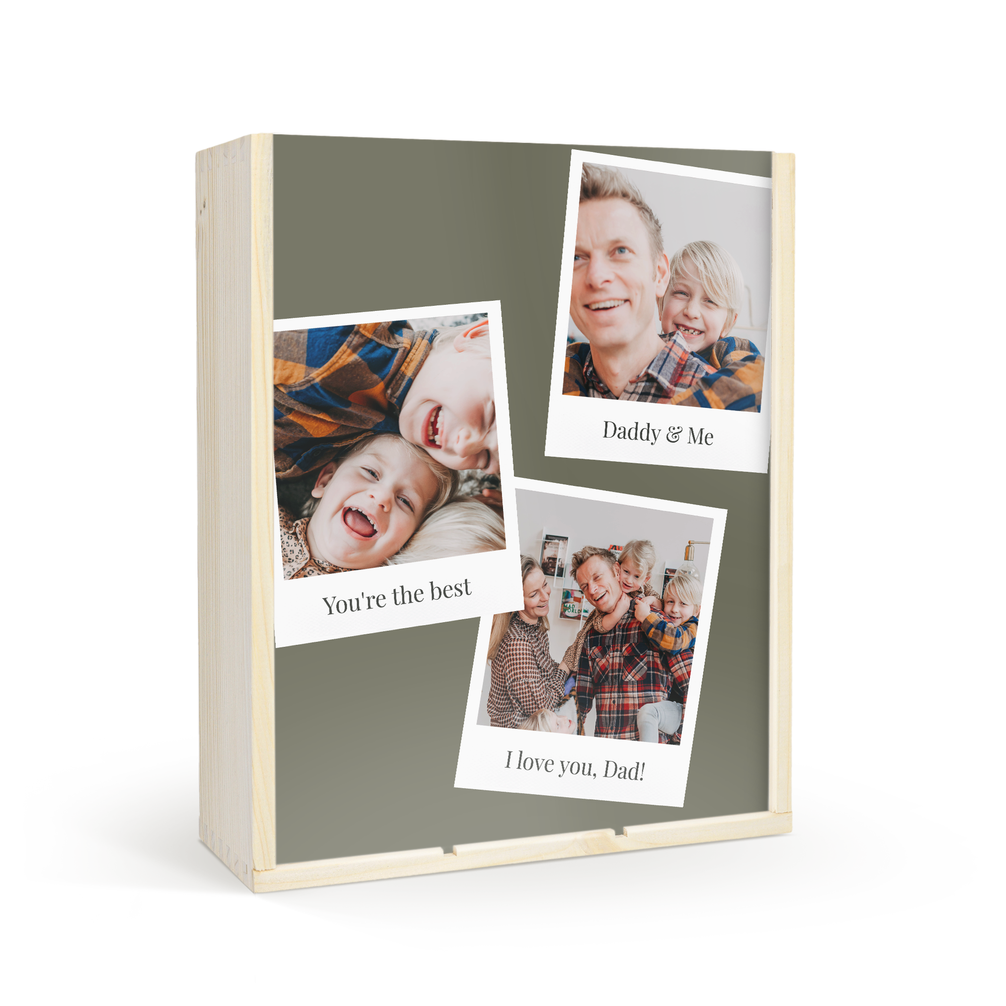 Luxusní dřevěné pouzdro s personalizovaným potiskem fotografií rodiny a nápisem "I love you, Dad!"