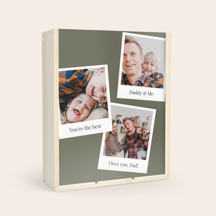 Personalizovaný dřevěný kufřík Luxusní dřevěné pouzdro s personalizovaným potiskem fotografií rodiny a nápisem "I love you, Dad!"