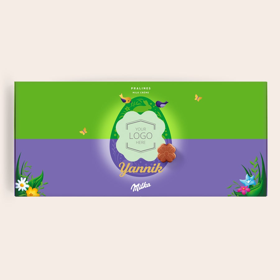 Milka Pralinen Ostern Personalisierte Milka Pralinen zu Ostern in einer grünen und lilafarbenen Box, bedruckt mit einem Logo und dem Namen Yannik.