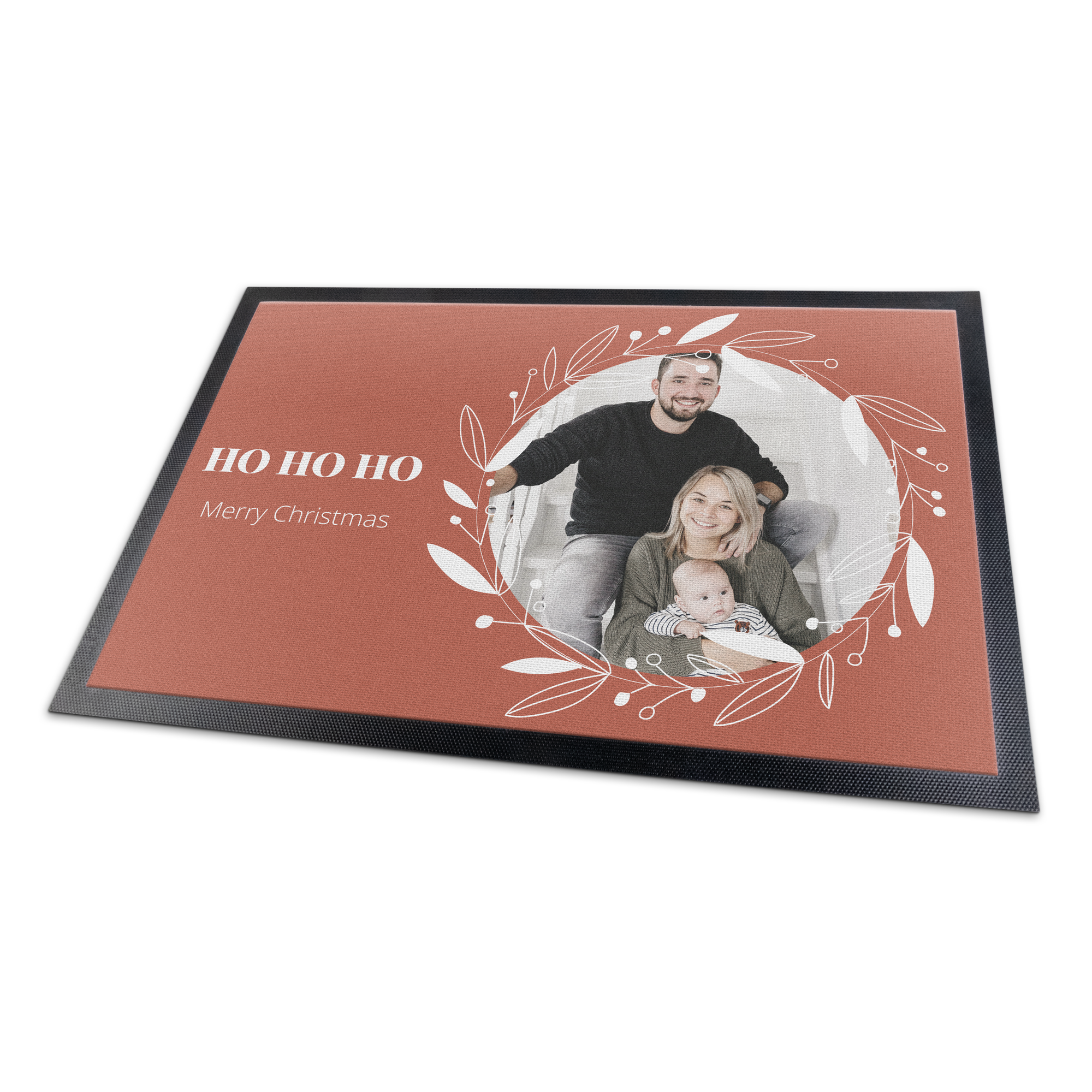 Personalized doormat printed with a family photo and the text Ho Ho Ho Merry Christmas, perfect to print your own text and photo.