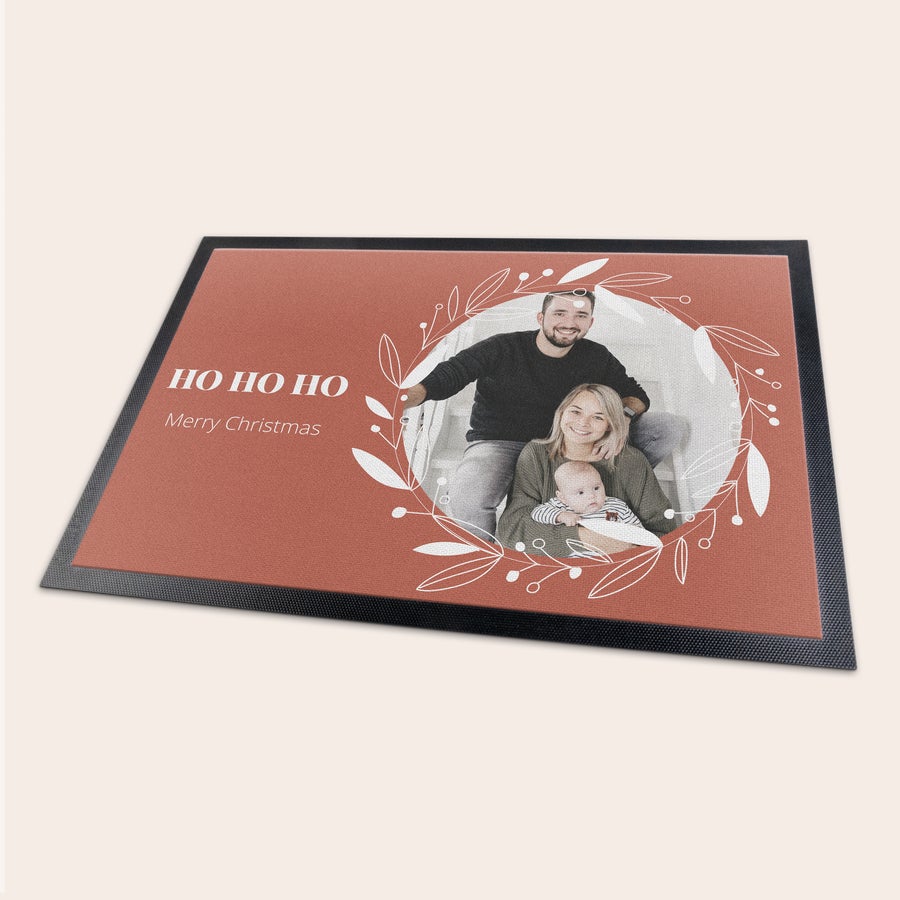 Capacho Tapete de entrada personalizado com foto de família e texto Ho Ho Ho, ideal para surpreender alguém especial.
