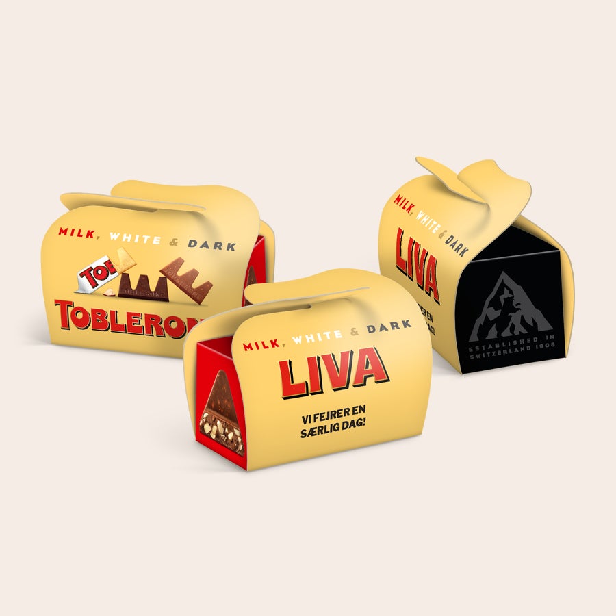 Mini Toblerone Give Away Gaveæsker Tre skræddersyede gaveæsker til Mini Toblerone med personligt printet design og tekst