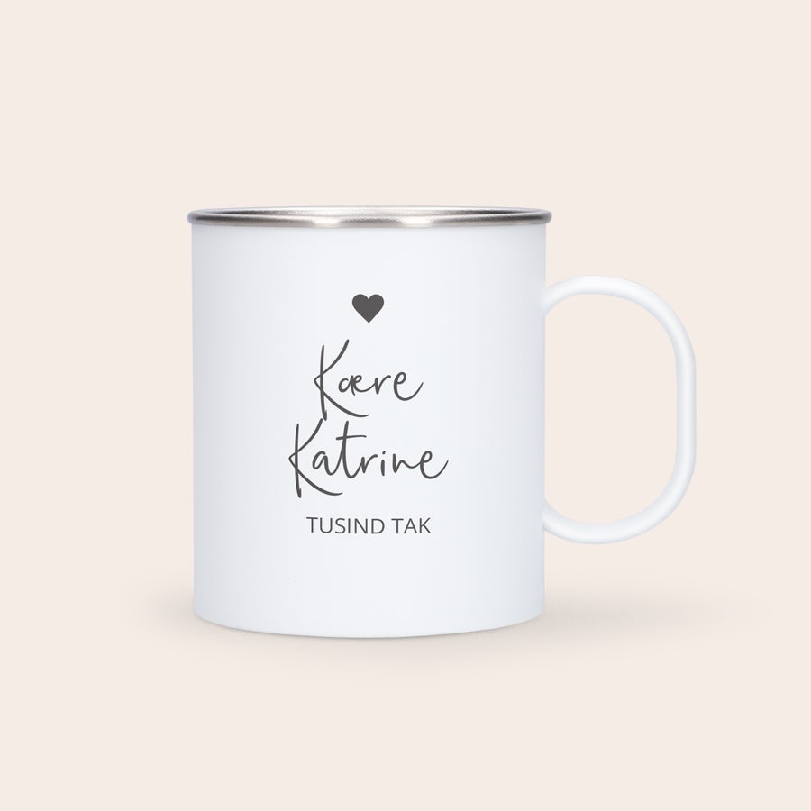 Personlig kop - rustfrit stål Letvægts kop i rustfrit stål med teksten Kære Katrine, Tusind tak og et hjerte, printet med personlig besked.