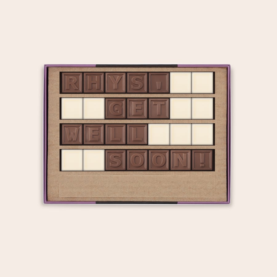Chocotelegram® Czekoladowa wiadomość z mlecznej i białej czekolady "RHYS GET WELL SOON!" na spersonalizowany prezent.