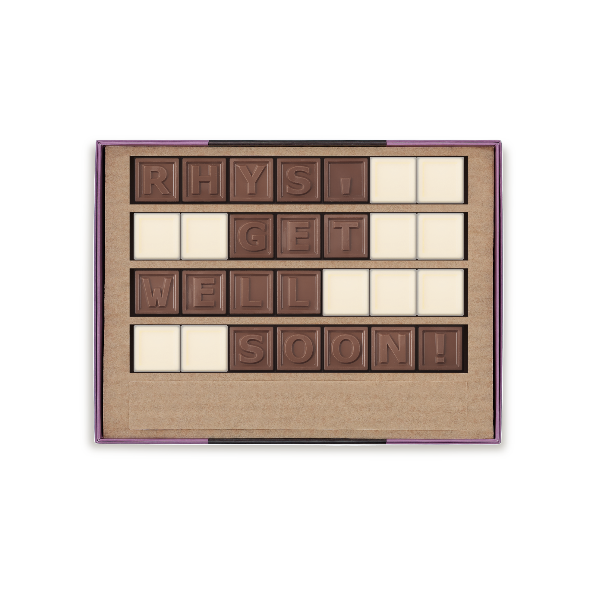 Personalized chocolate telegram in a gift box spelling RHYS GET WELL SOON with milk and white chocolate blocks