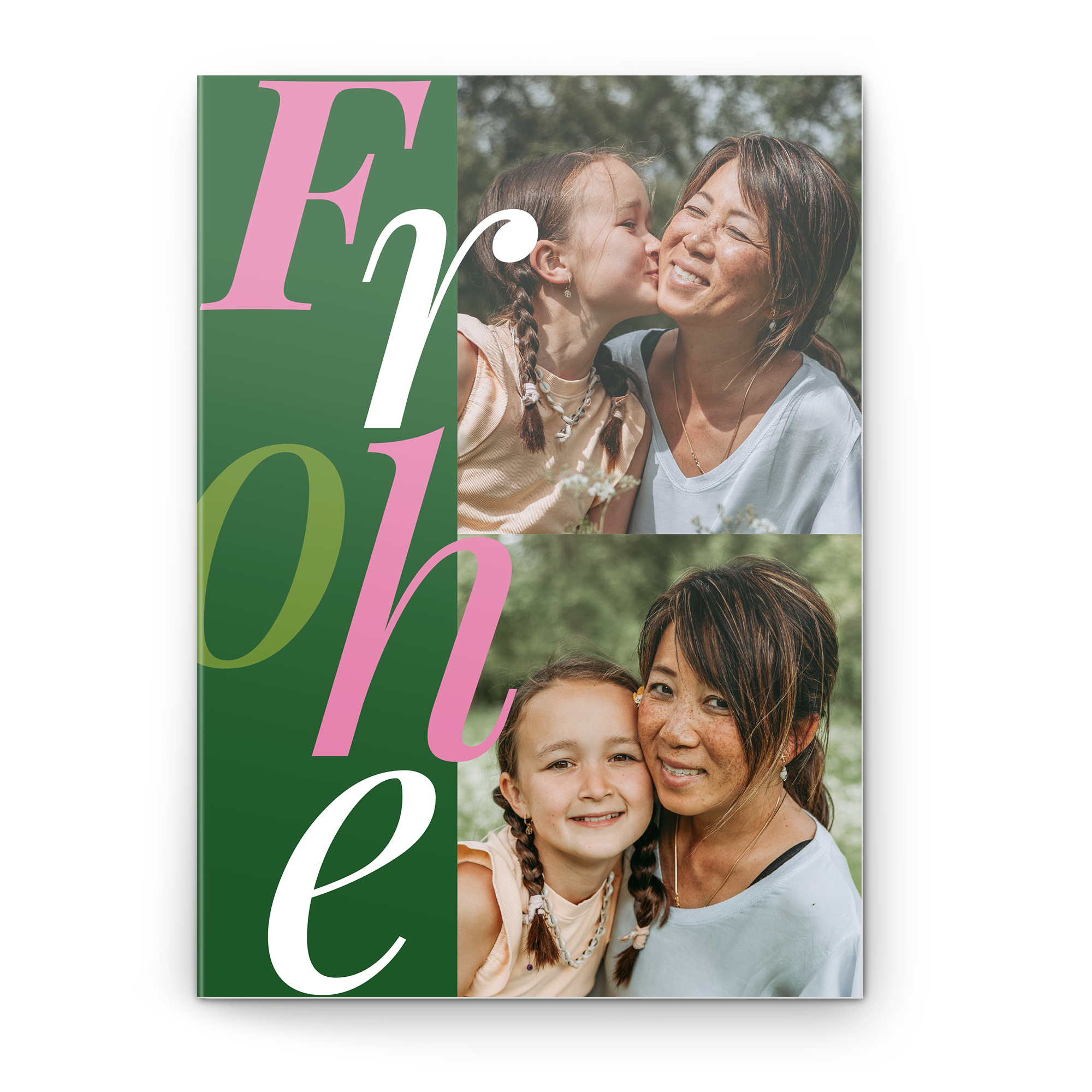 Weihnachtsgruß als Fotokarte mit Foto einer Mutter und Tochter, gedruckt mit Schriftzug Frohe