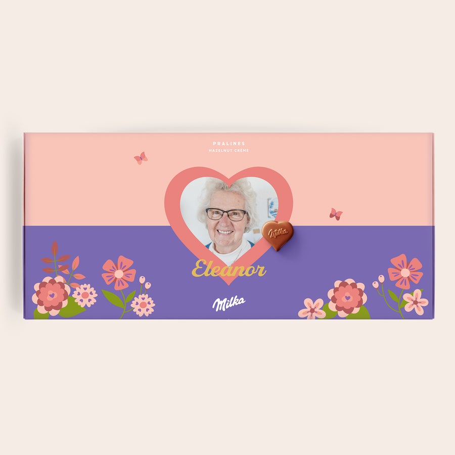 Pralinés de Milka Dia da Mãe Caixa de presente de chocolate Say it with Milka personalizada com foto, nome Eleanor e flores