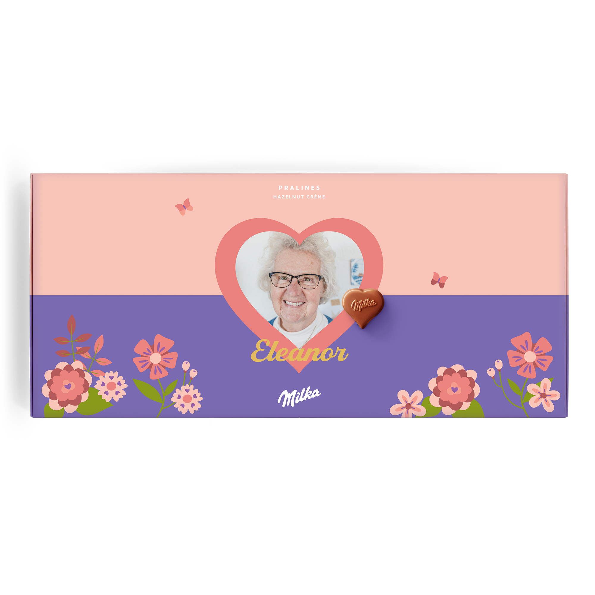 Personalizirana darilna škatla Milka z natisnjeno fotografijo Eleanor in sporočilom Povejte svoji mami, da vam je mar.