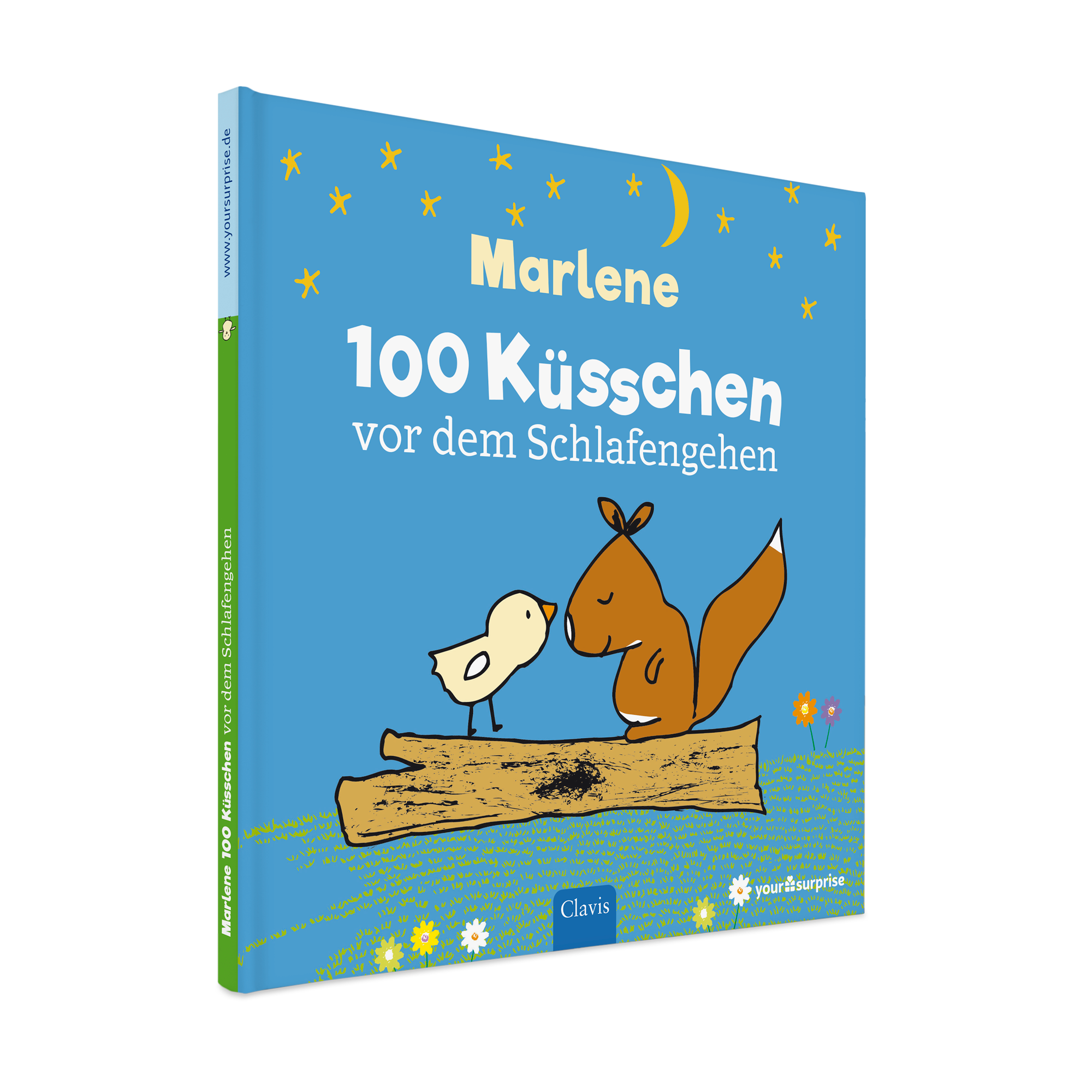 Gute Nacht! Eine niedliche, personalisierte Gute-Nacht-Geschichte namens 100 Küsschen vor dem Schlafengehen für die Kleinsten, bedruckt mit dem Namen Marlene, mit Vogel- und Eichhörnchenillustration.