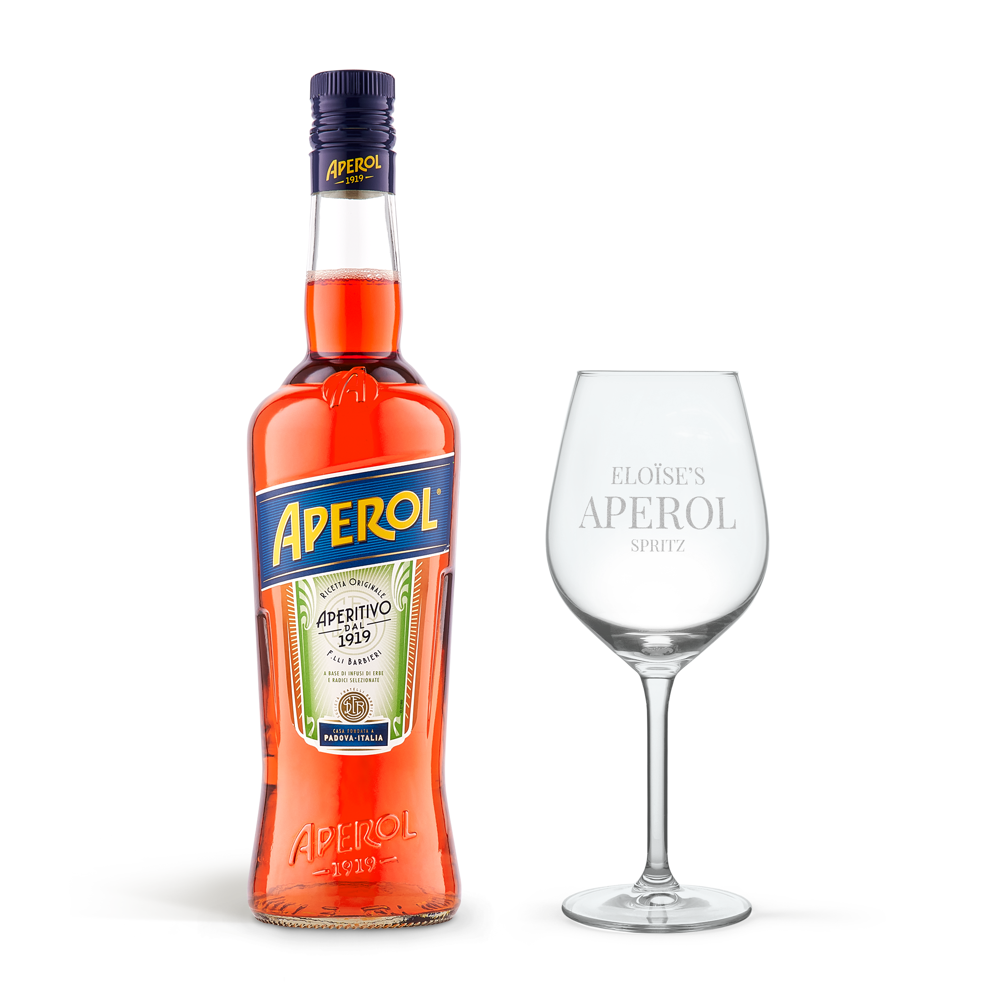 Bouteille d'Aperol Spritz avec verre gravé Eloïse's Aperol Spritz, un cadeau Aperol Spritz personnalisé.