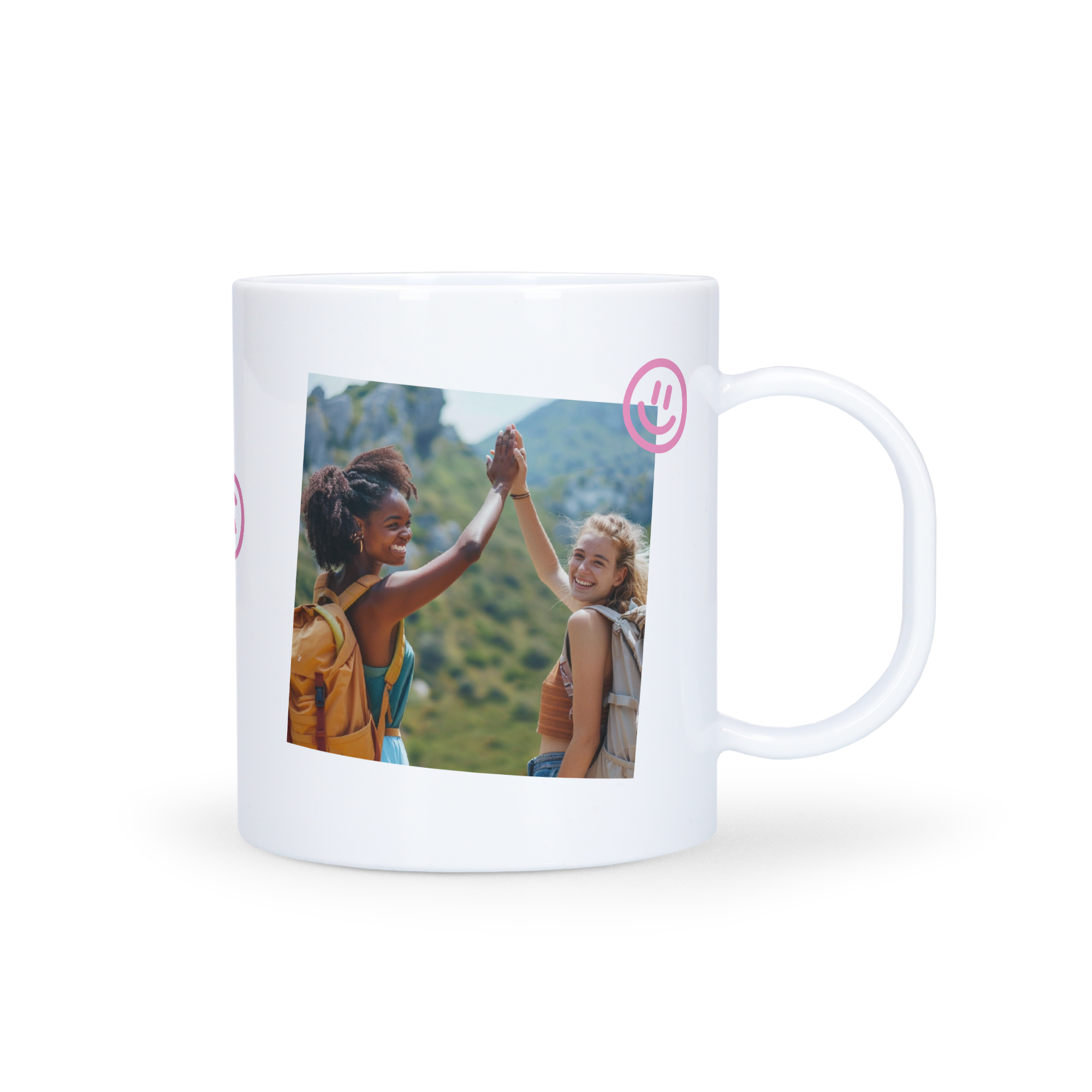 Tasse en plastique personnalisée incassable avec photo de deux femmes qui se donnent la main en montagne