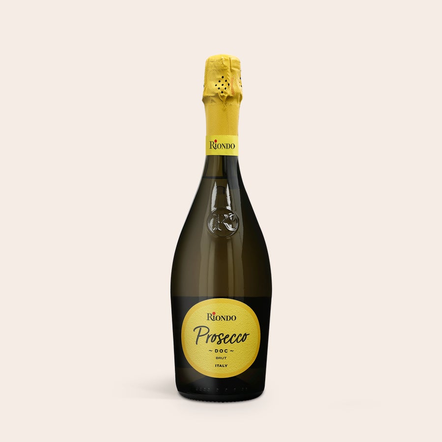 Riondo Prosecco Spumante Sticlă de Riondo Prosecco Spumante, cu etichetă galbenă, pentru o cutie gravată de lux