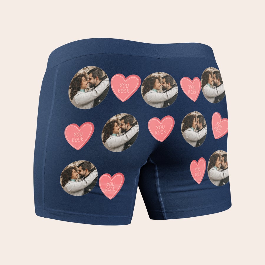 Boxerky s fotografií Tmavě modré personalizované boxerky s potiskem fotografií párů a textem "YOU ROCK" v růžových srdíčkách.