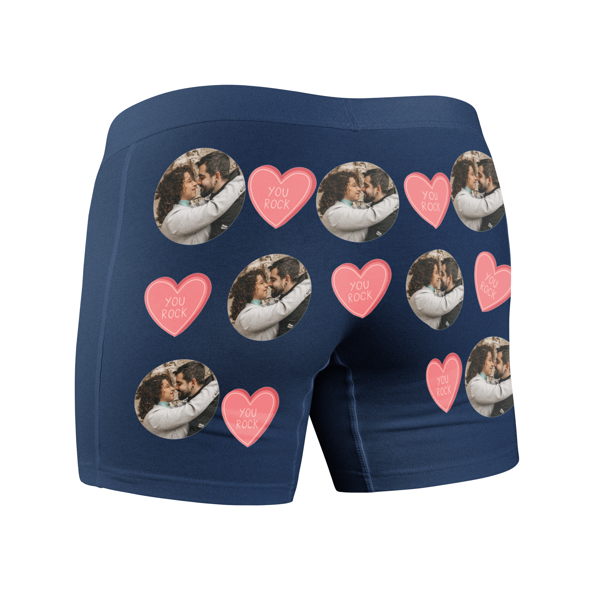 Tmavomodré pánske boxerky personalizované fotopotlačou s opakujúcim sa vzorom z fotografií zamilovaného páru a nápisom You rock.