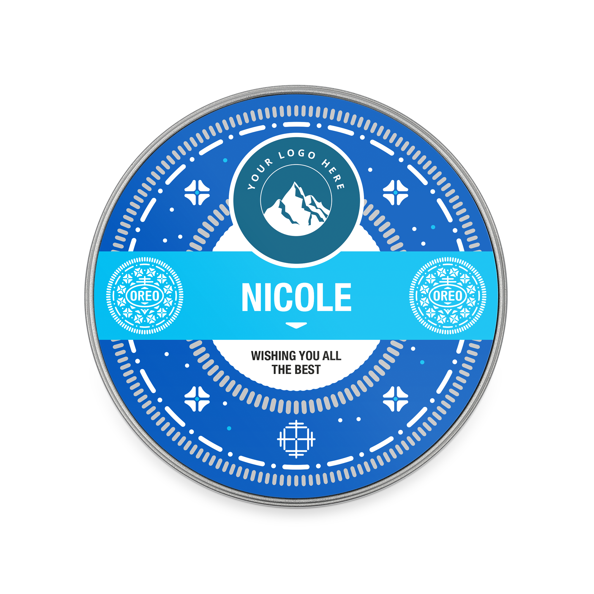 Scatola regalo tonda personalizzata con Oreo, stampata con nome Nicole e messaggio Wishing You All The Best su sfondo blu