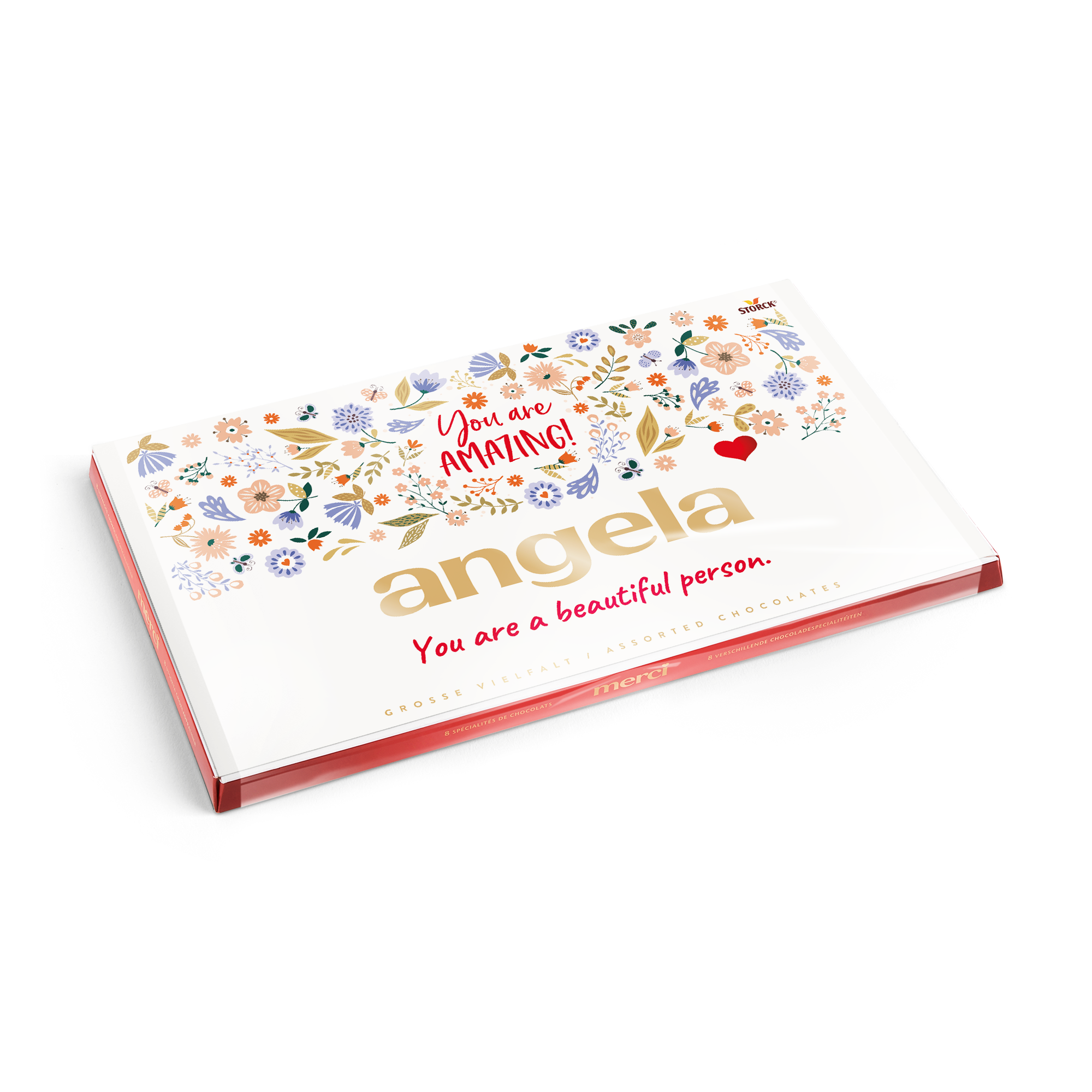 Čokolada Merci s personalizirano kartico - 400 gramov s cvetličnim vzorcem in imenom Angela, ter sporočilom You are AMAZING! natisnjenim na ovitku.