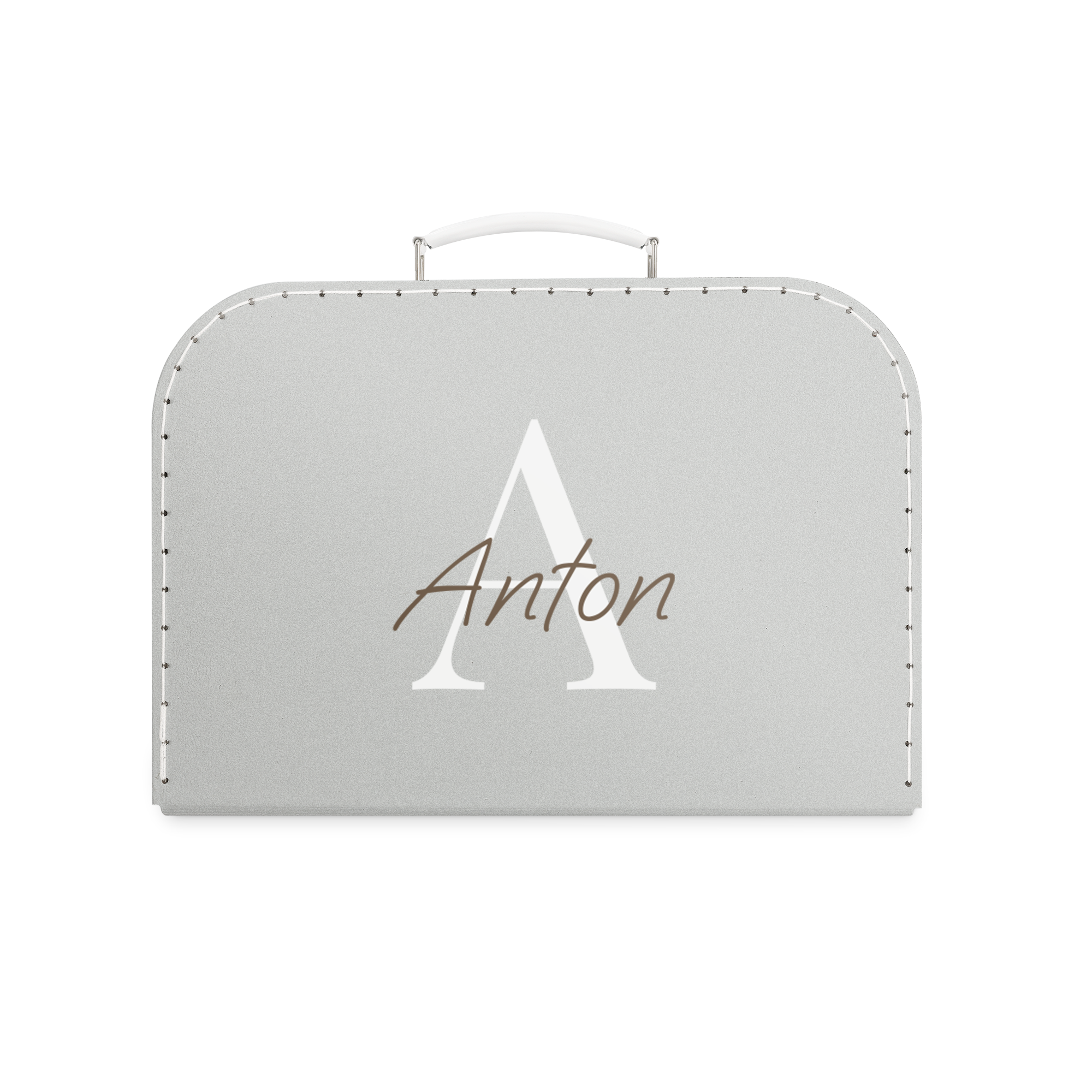 Graues personalisiertes Kinderköfferchen mit Namen "Anton" und großem Buchstaben "A", bedruckt.