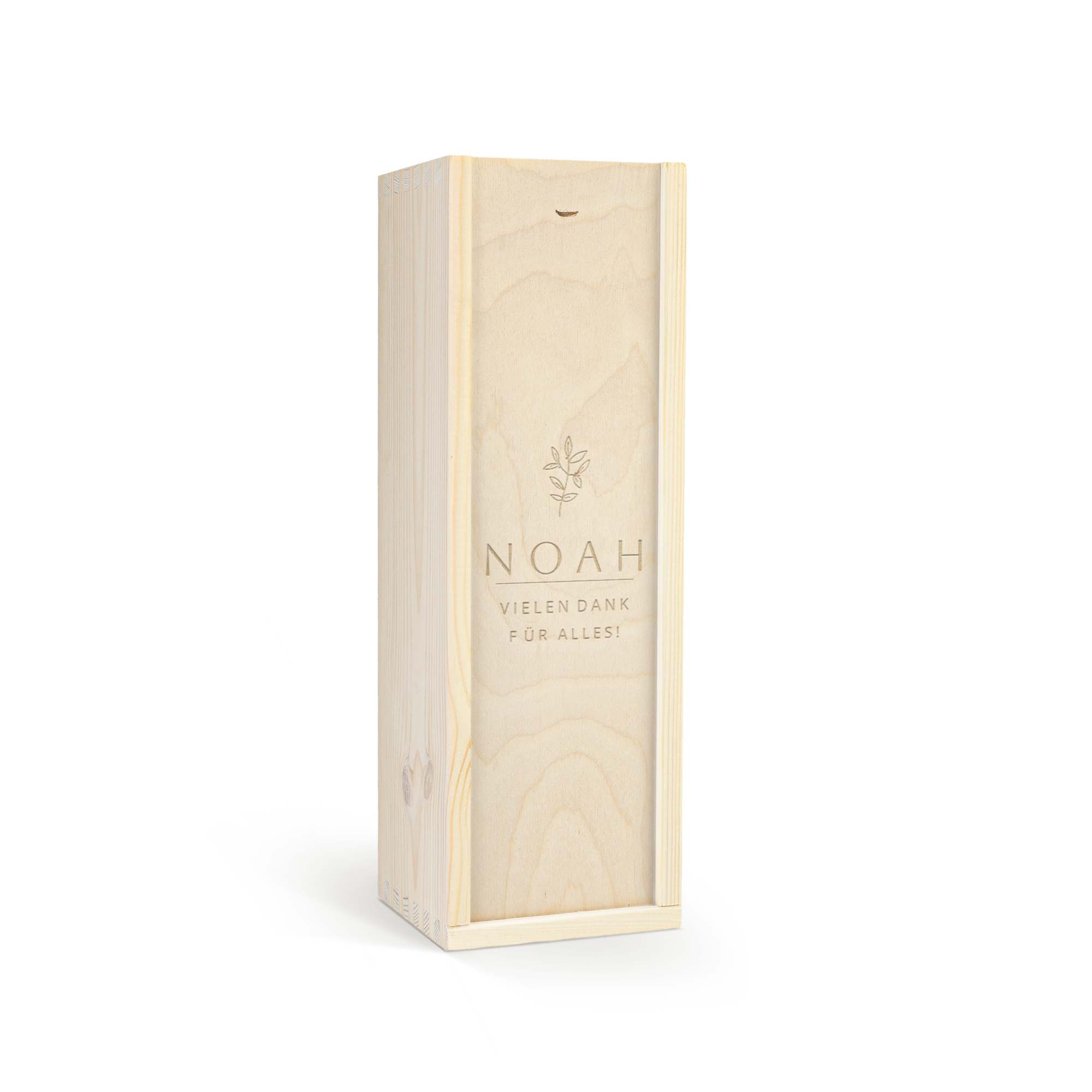 Holzkiste mit Oude Kaap Rotwein, personalisiert mit graviertem Namen Noah und dem Text "Vielen Dank für alles", ein perfektes Weingeschenk.