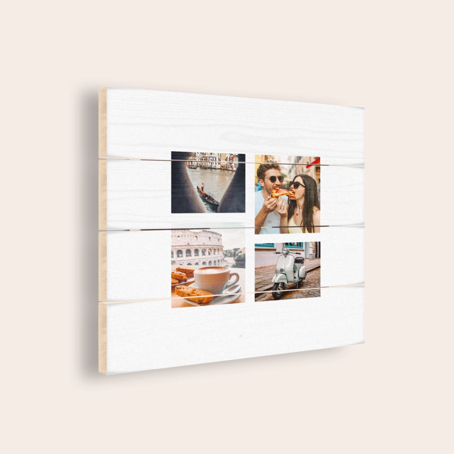 Photo on wood Personalized whitewash wooden planks printed with a photo grid featuring four individual vacation pictures