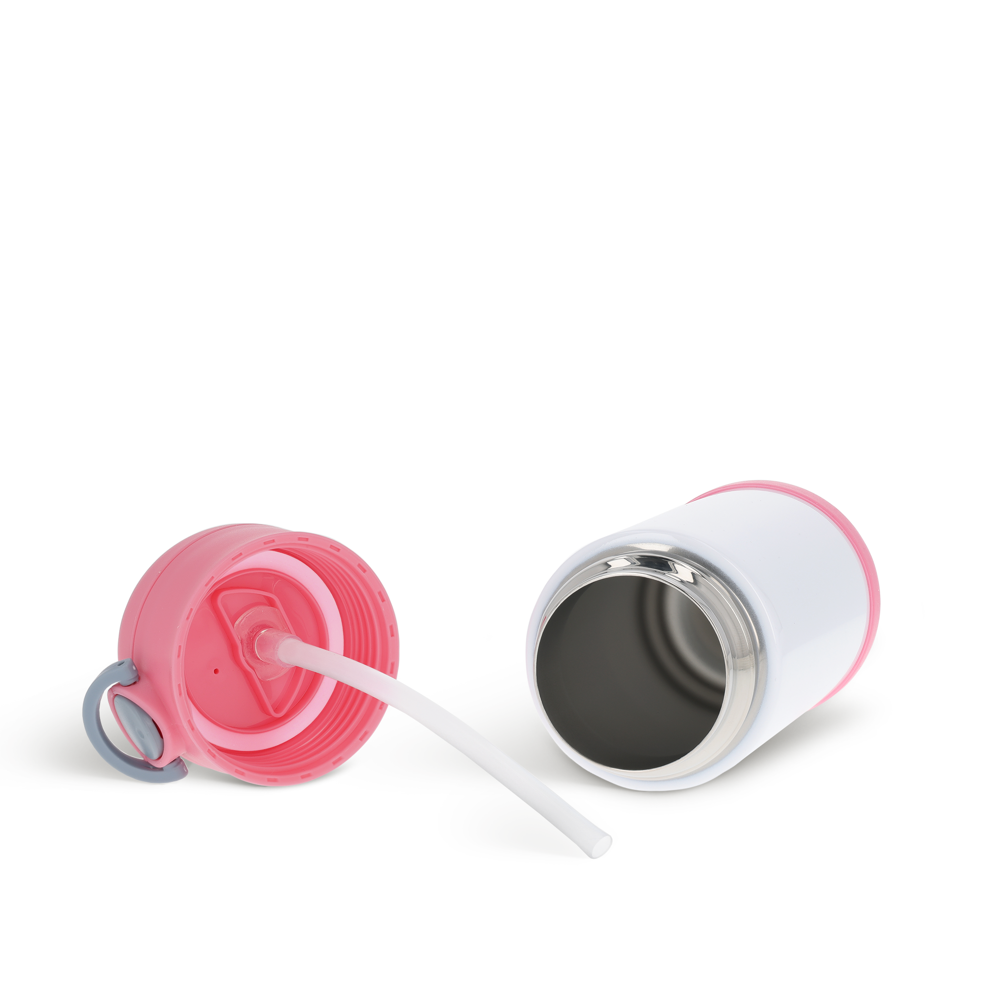 Personlig børnedrikkedunk i rustfrit stål med pink låg, hvid krop og sugerør, tilpas med eget design