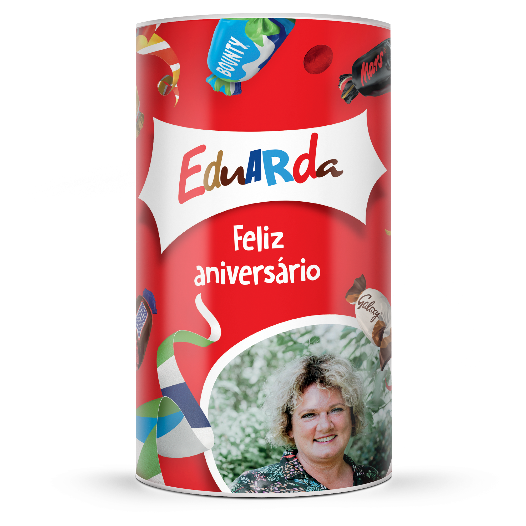 Tubo de chocolates Celebrations personalizado com nome Eduarda, foto e mensagem Feliz Aniversário