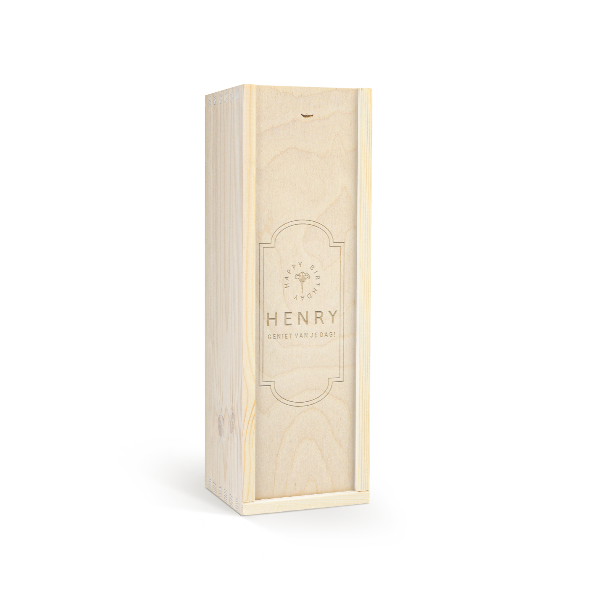 Luxe gegraveerde wijnkist van hout met de tekst 'Happy Birthday Henry Geniet van je dag'