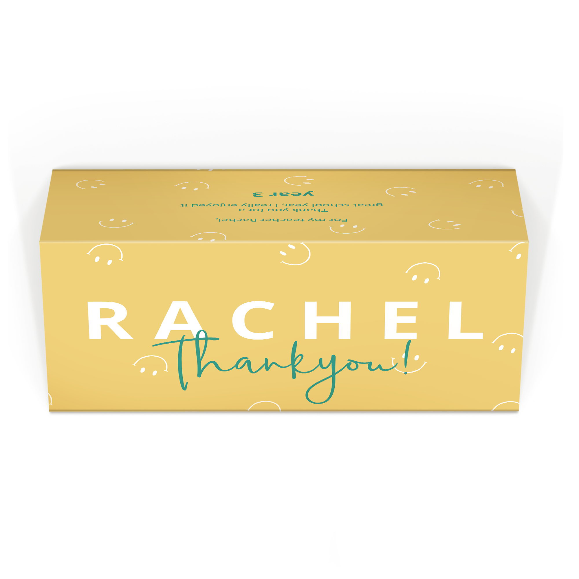 Esta barra de chocolate personalizada XL Toblerone Selection possui embalagem amarela com o nome Rachel e a mensagem "Thank you!".