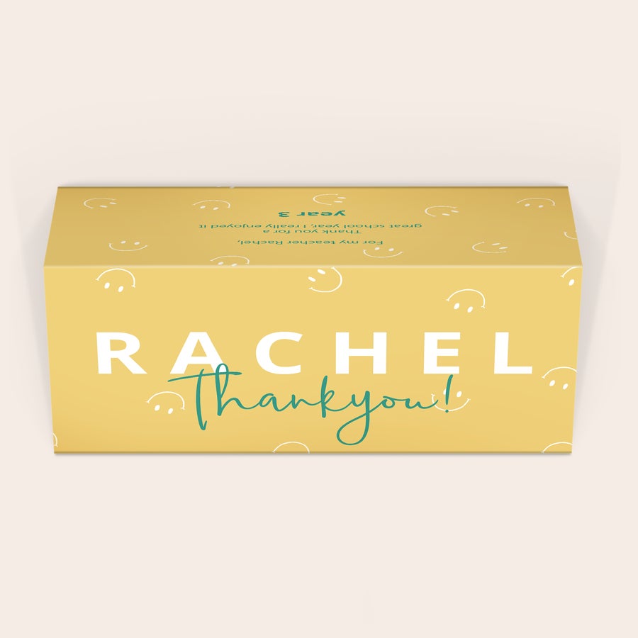 Personalizovaná Toblerone Personalizovaná XL Toblerone Selection čokoládová tyčinka s menom Rachel a poďakovaním, tlačená na obale.