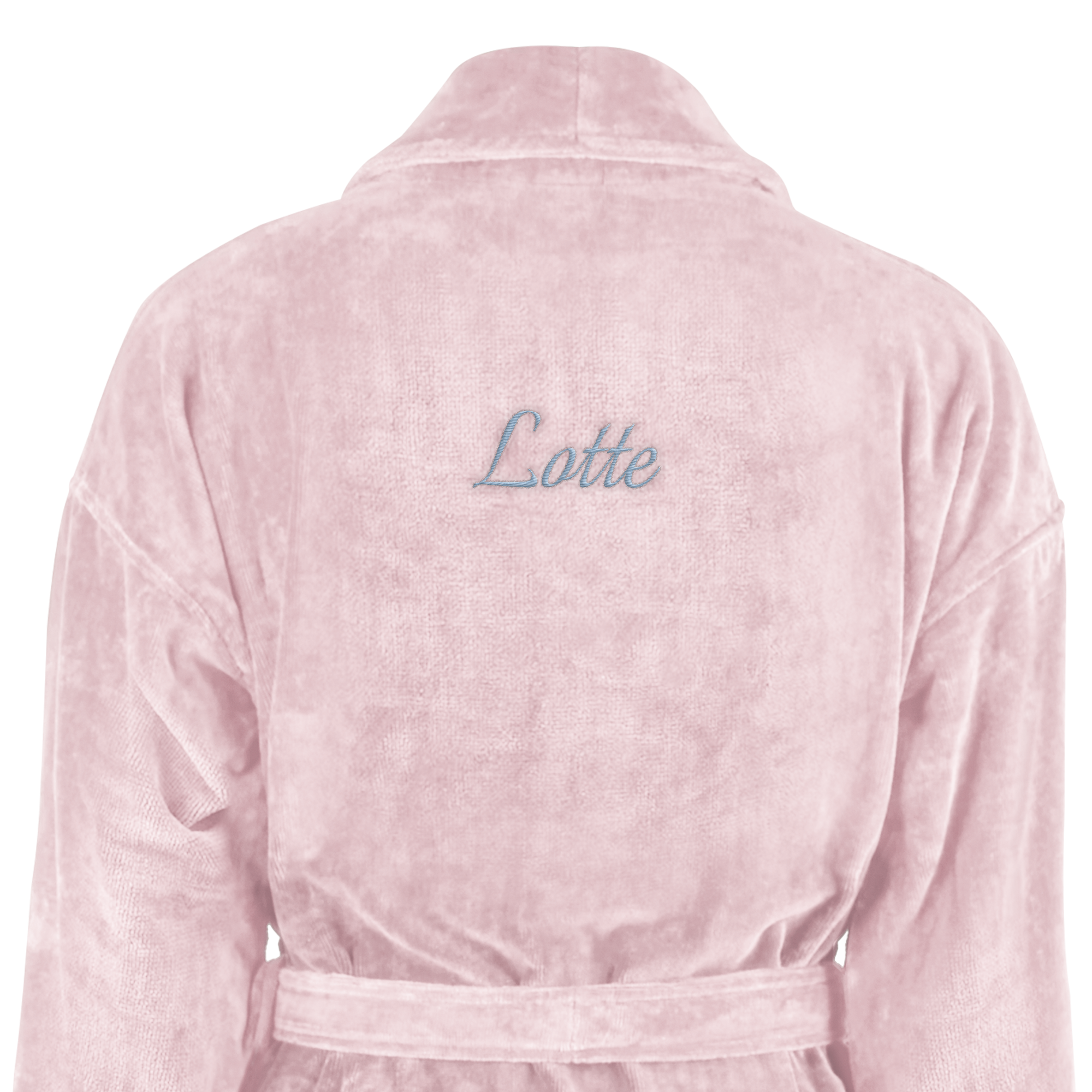 Roze badstof badjas dames met geborduurde naam Lotte in lichtblauwe letters.