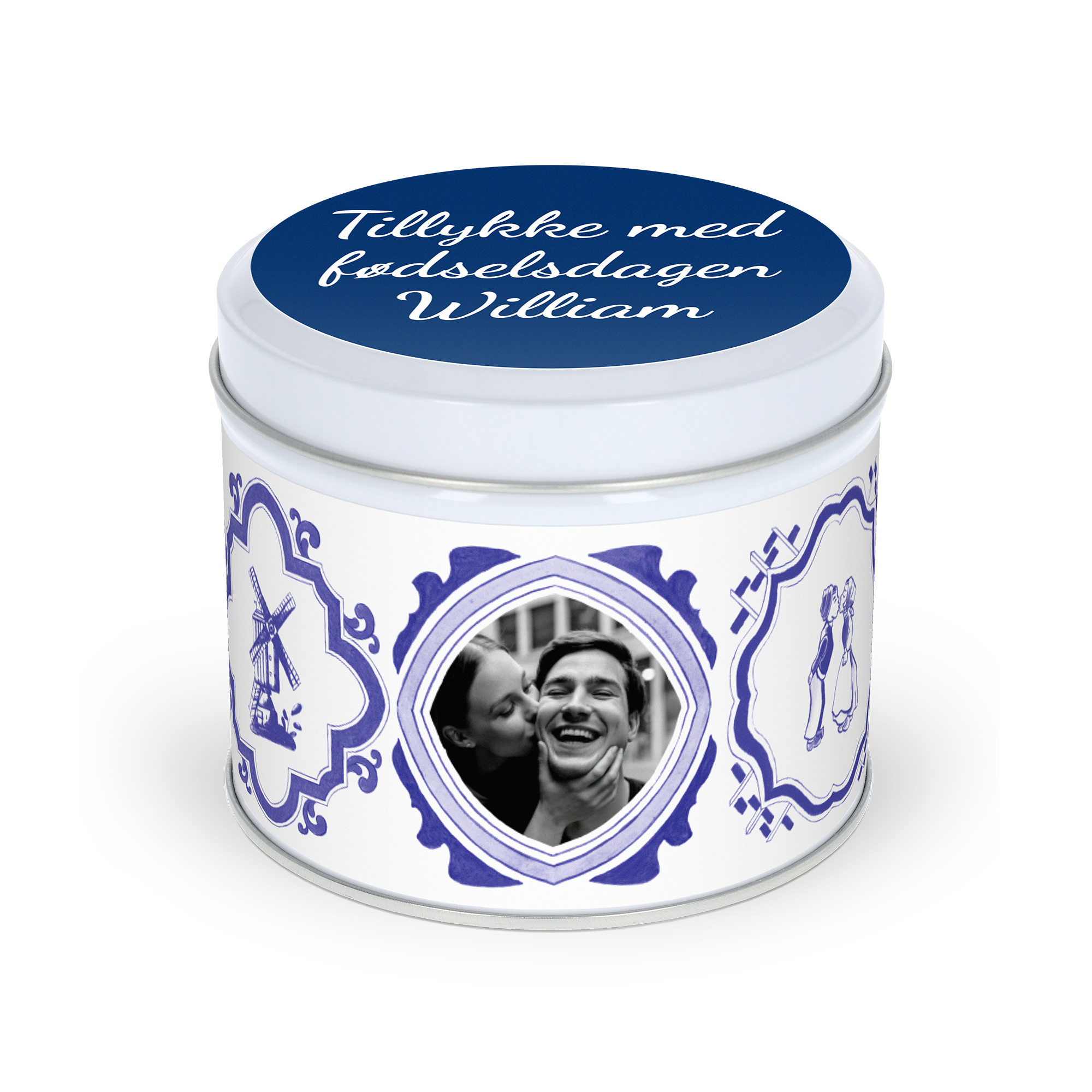 Stroopwafels i personlig dåse - Runde med foto og teksten Tillykke med fødselsdagen William